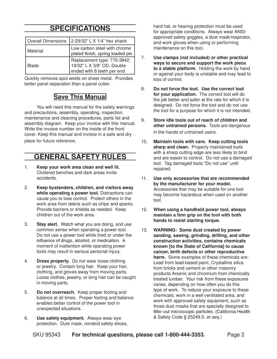 Harbor Freight Tools 95343 manual Specifications, General Safety Rules 