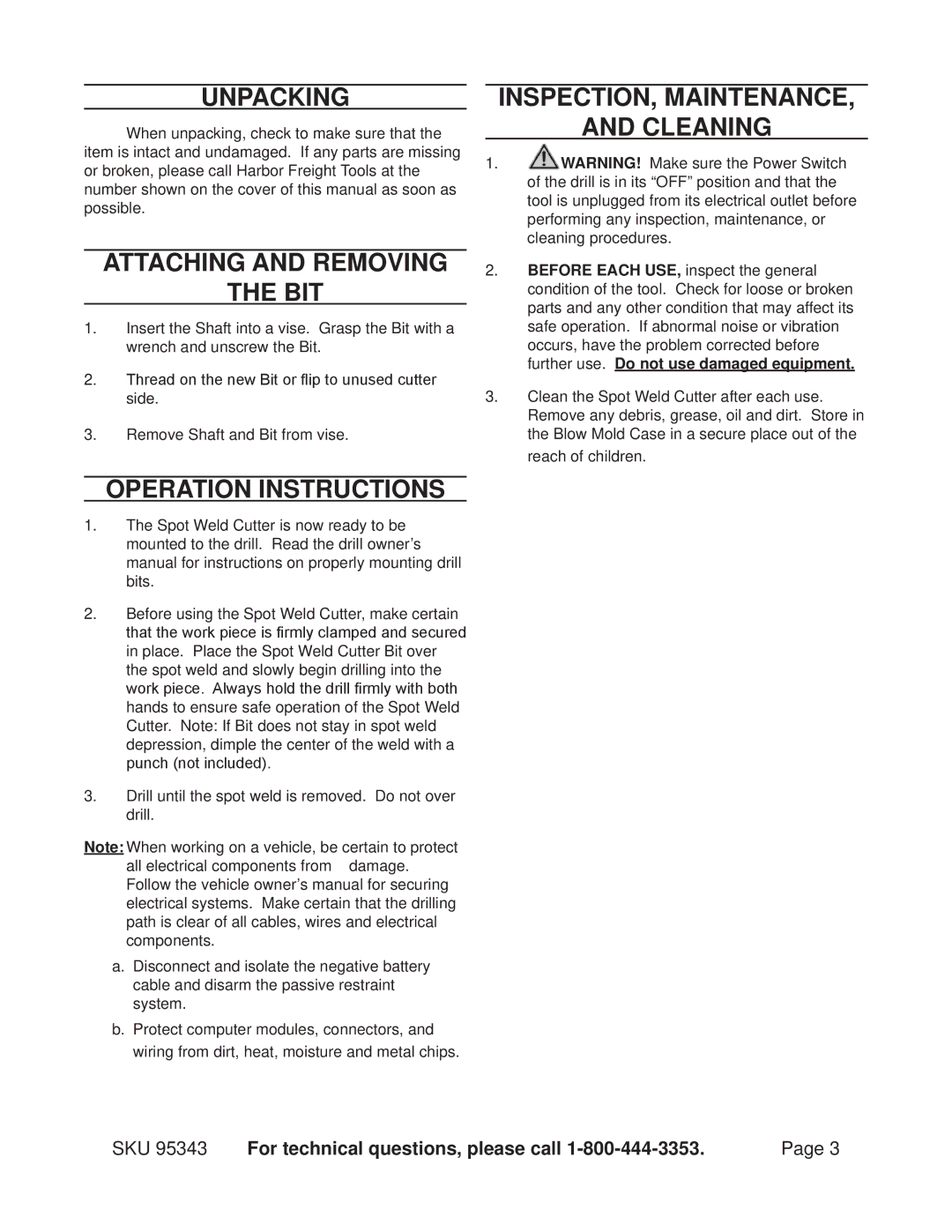 Harbor Freight Tools 95343 Unpacking, Attaching and Removing Bit, Operation Instructions, INSPECTION, Maintenance Cleaning 