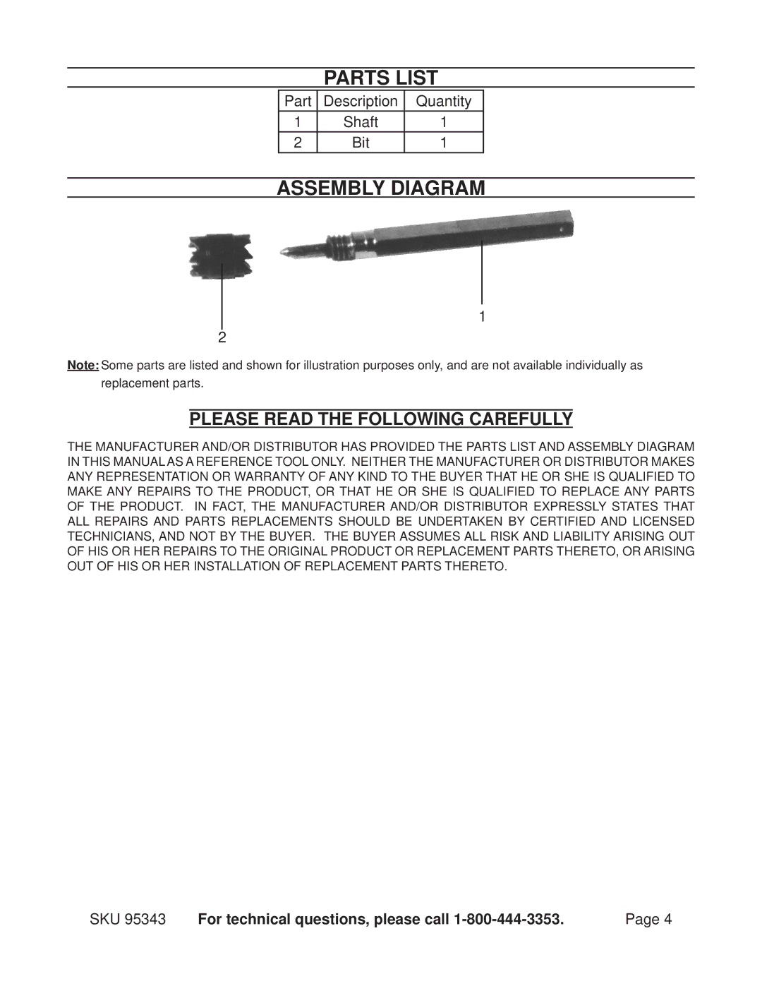 Harbor Freight Tools 95343 manual Parts List, Assembly Diagram 