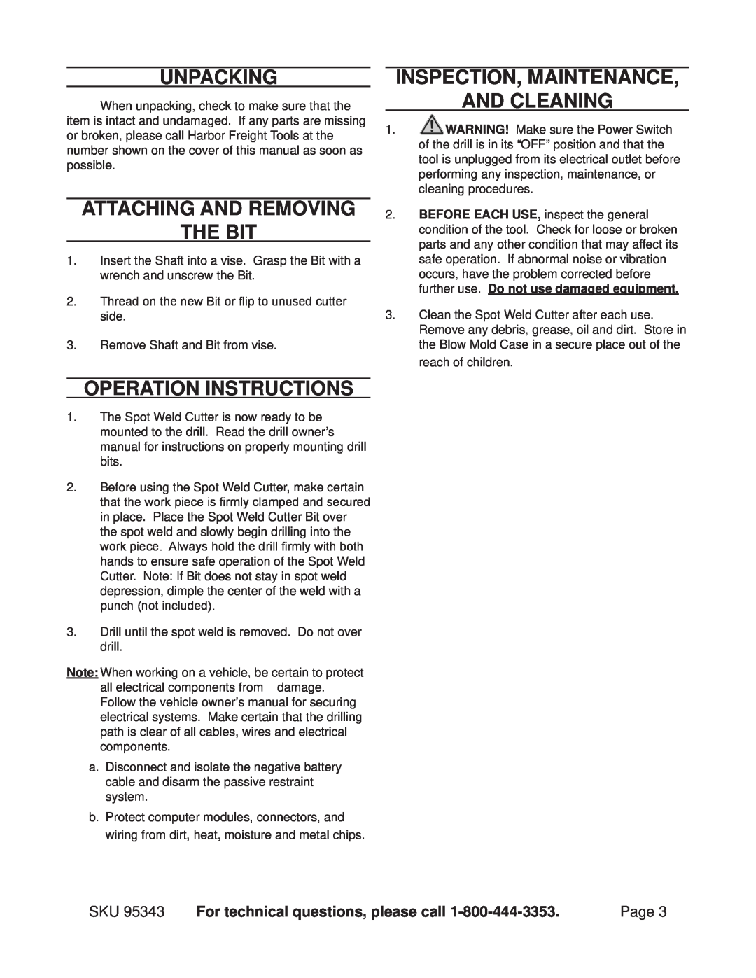 Harbor Freight Tools 95343 manual Unpacking, Attaching and Removing the Bit, Operation Instructions, Page 