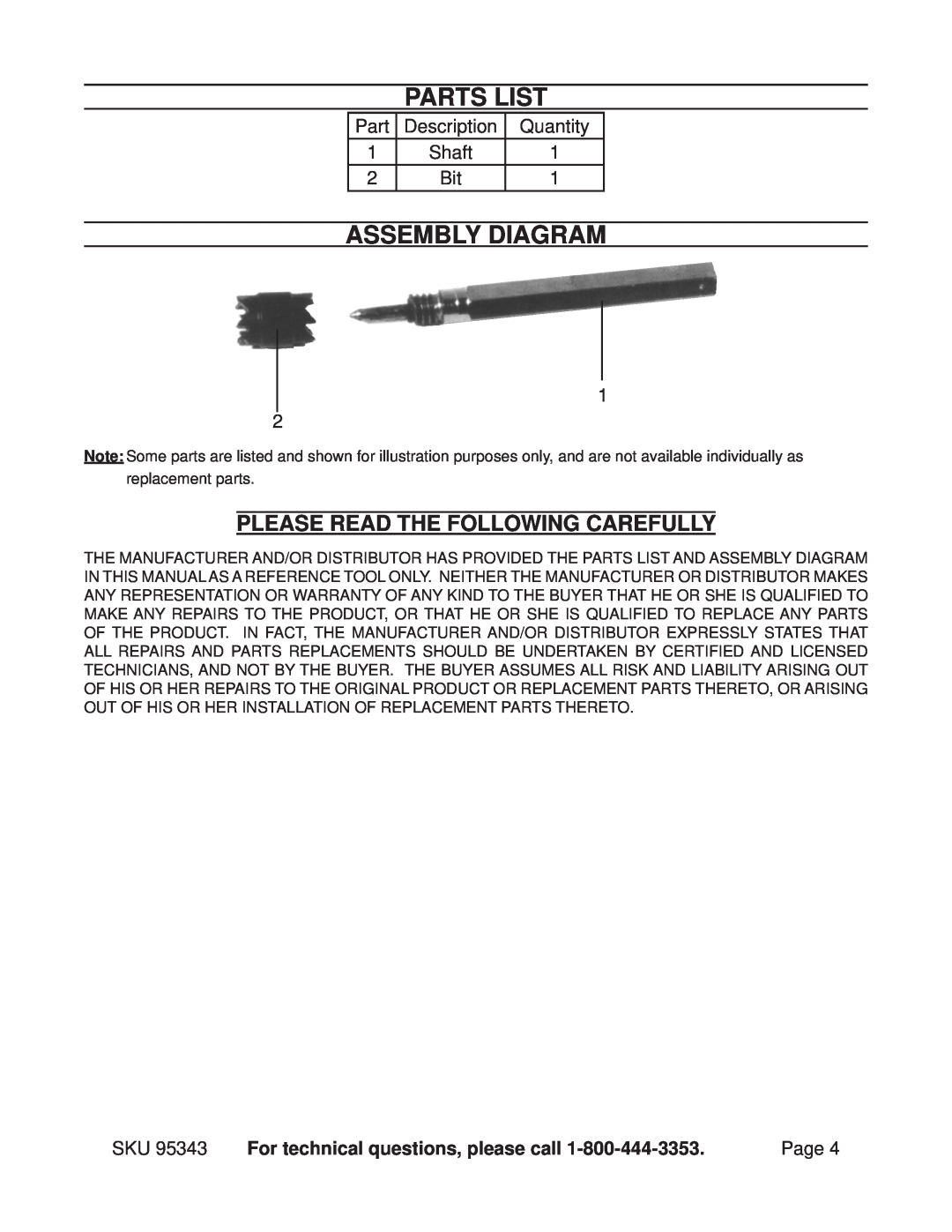 Harbor Freight Tools 95343 Parts List, Assembly Diagram, Please Read The Following Carefully, Description, Quantity, Shaft 