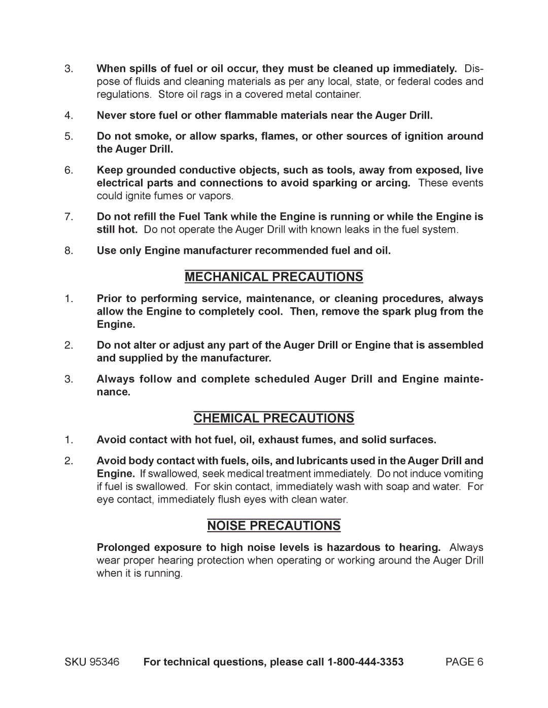 Harbor Freight Tools 95346 warranty Mechanical Precautions, Chemical Precautions, Noise Precautions 