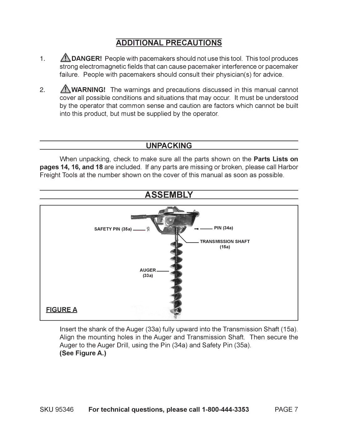 Harbor Freight Tools 95346 warranty Assembly, Unpacking, See Figure a SKU For technical questions, please call 