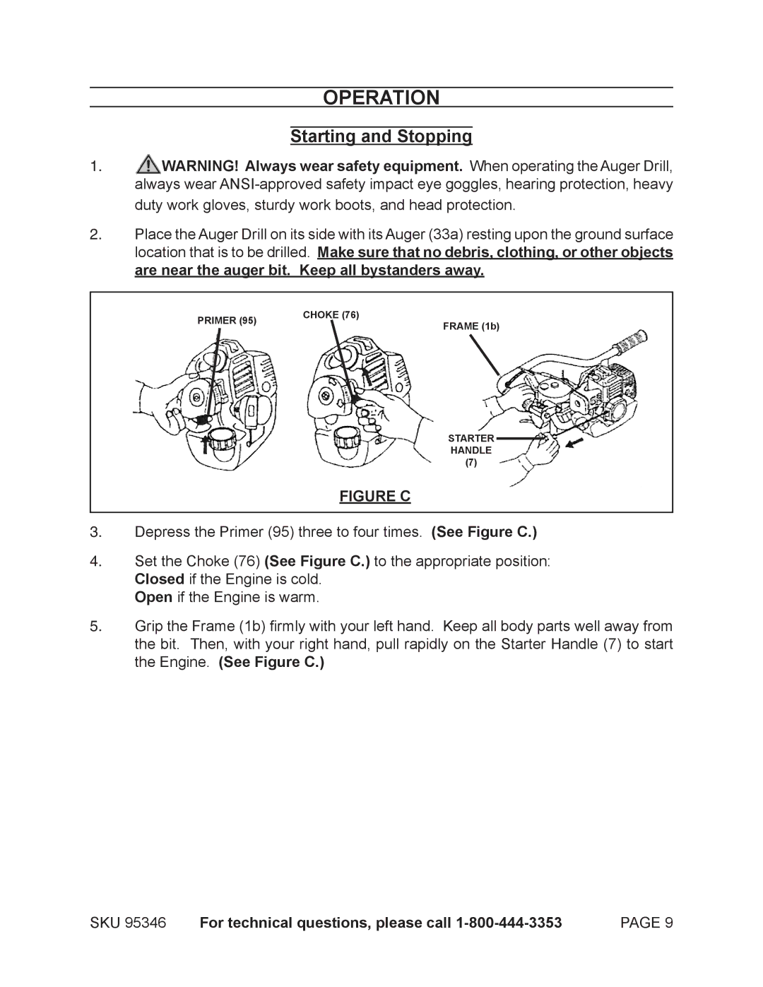 Harbor Freight Tools 95346 warranty Operation, Starting and Stopping 