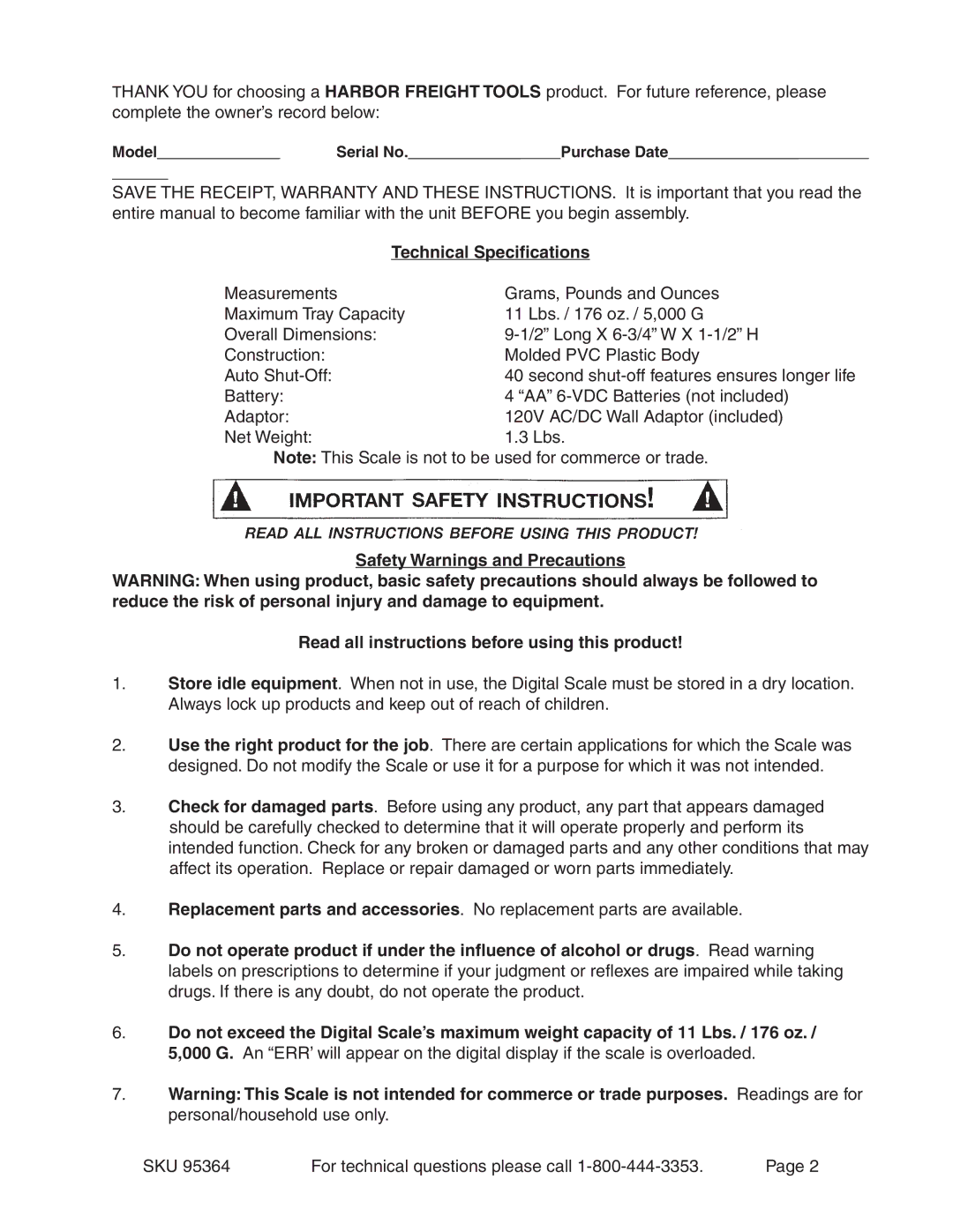 Harbor Freight Tools 95364 operating instructions Technical Specifications 