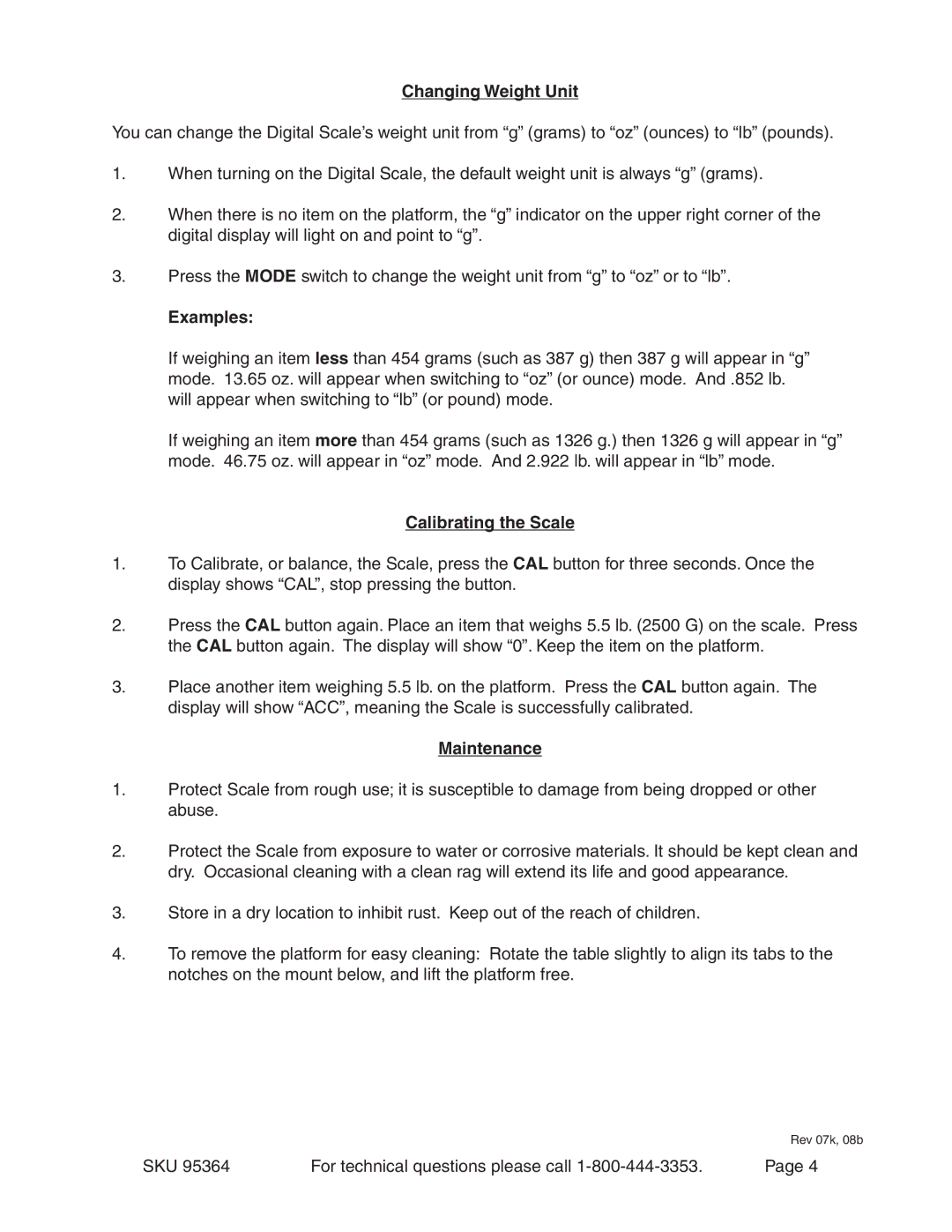 Harbor Freight Tools 95364 operating instructions Changing Weight Unit, Examples, Calibrating the Scale, Maintenance 