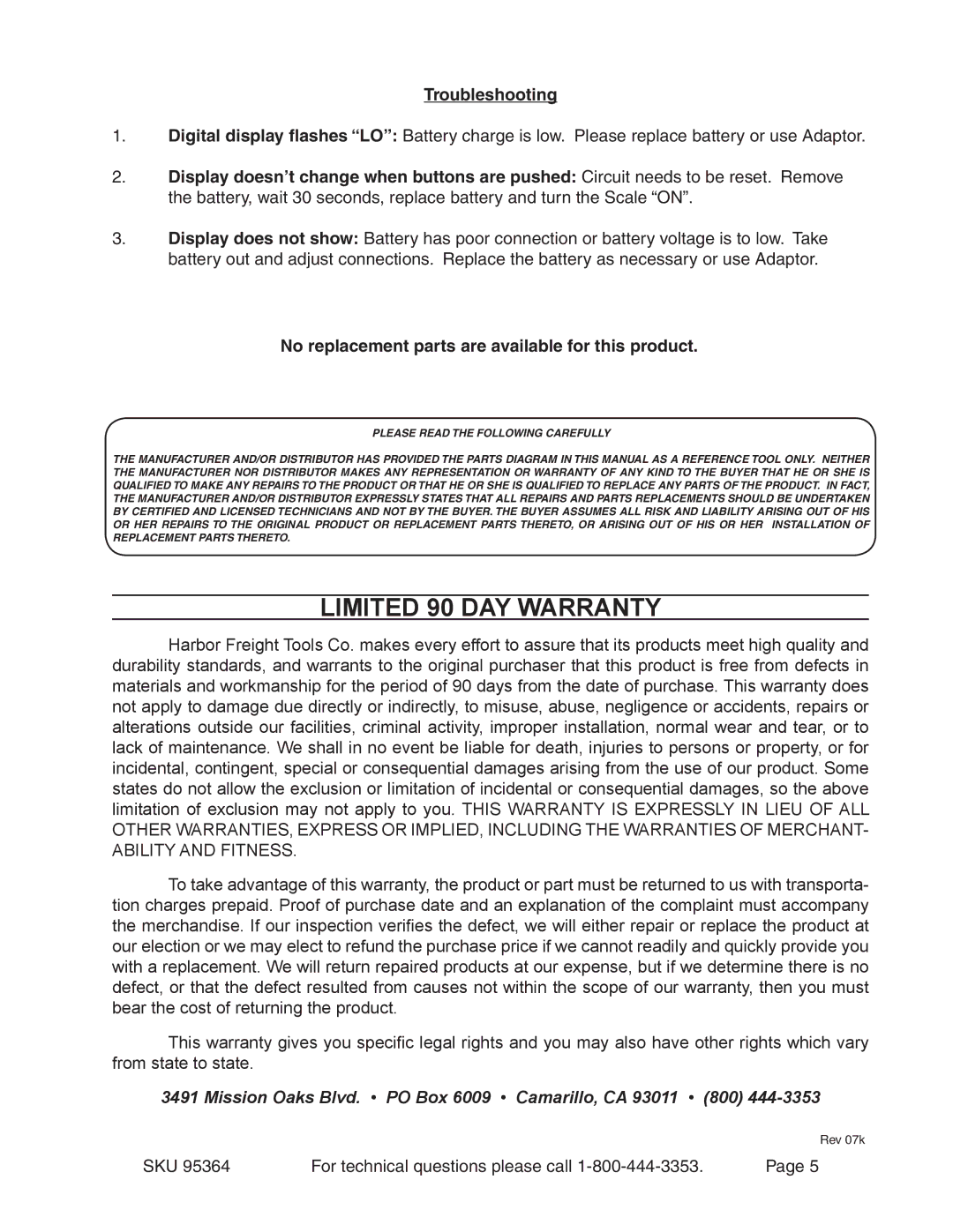 Harbor Freight Tools 95364 operating instructions Troubleshooting, No replacement parts are available for this product 