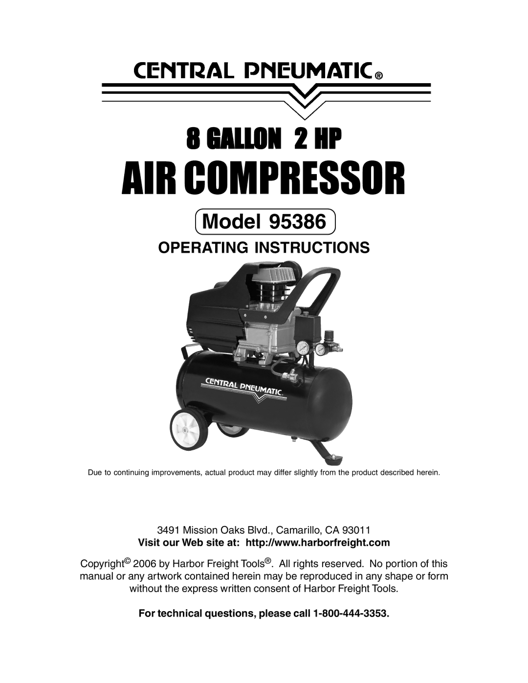 Harbor Freight Tools 95386 operating instructions AIR Compressor, For technical questions, please call 