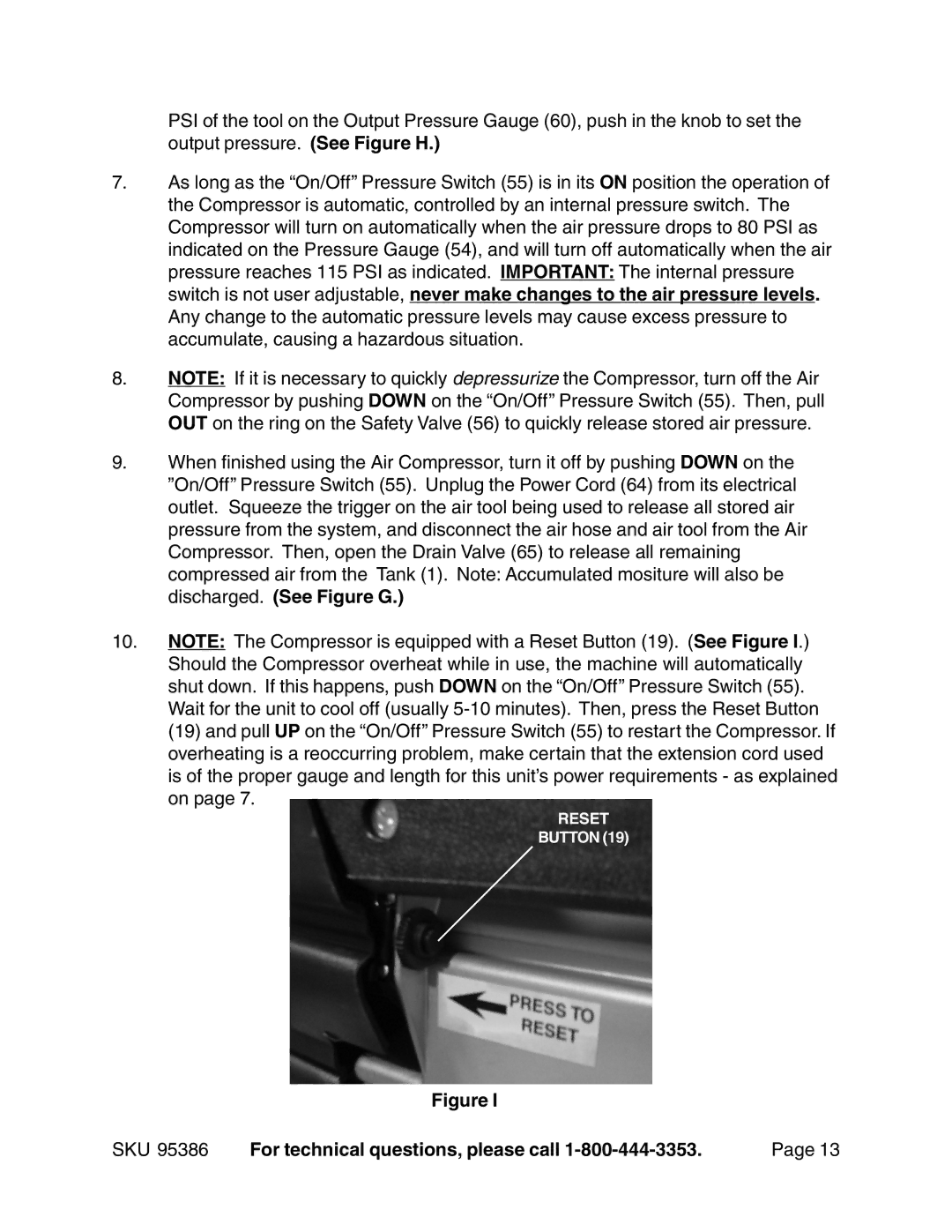 Harbor Freight Tools 95386 operating instructions Reset Button 