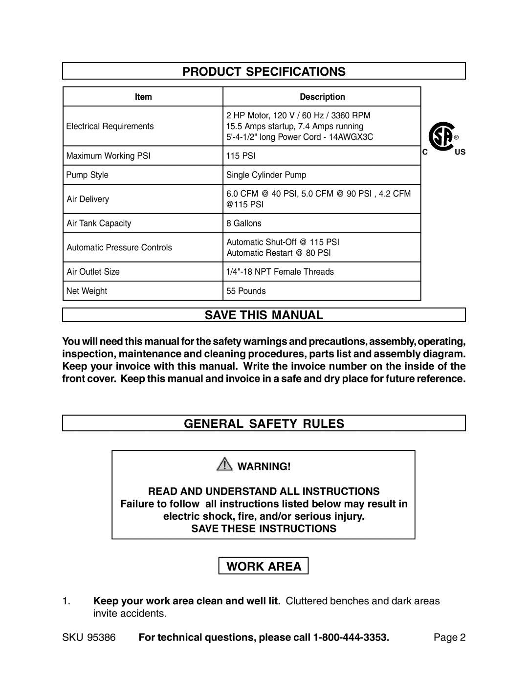 Harbor Freight Tools 95386 operating instructions Product Specifications, Save this Manual, General Safety Rules, Work Area 