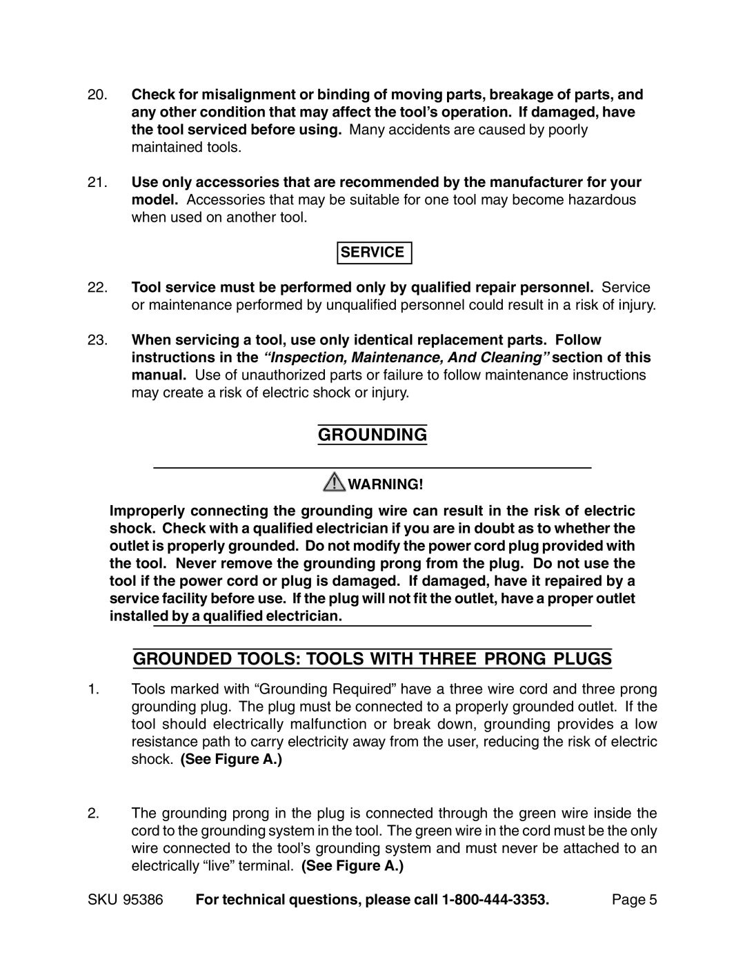 Harbor Freight Tools 95386 operating instructions Grounding, Grounded Tools Tools with Three Prong Plugs, Service 