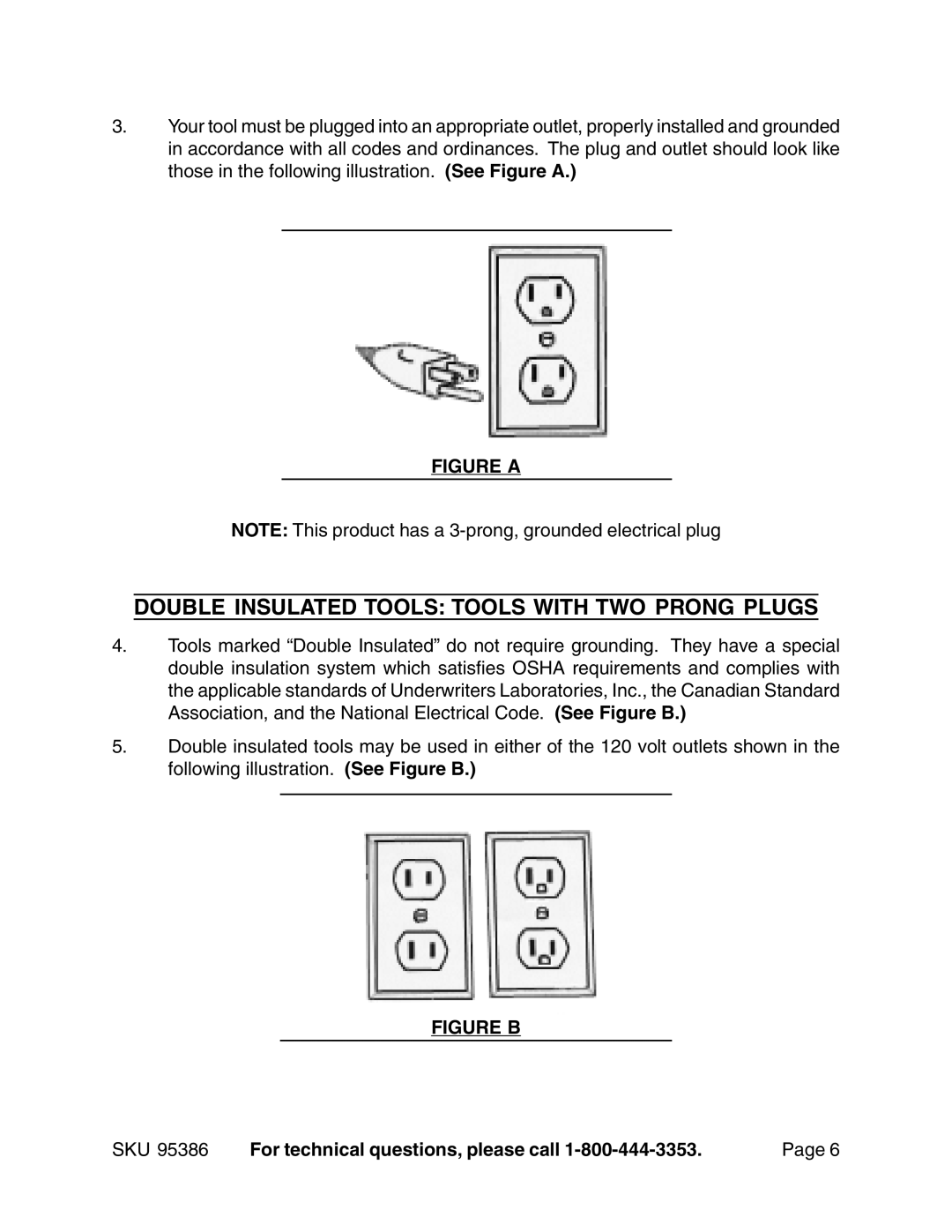 Harbor Freight Tools 95386 operating instructions Double Insulated Tools Tools with TWO Prong Plugs, Figure a 