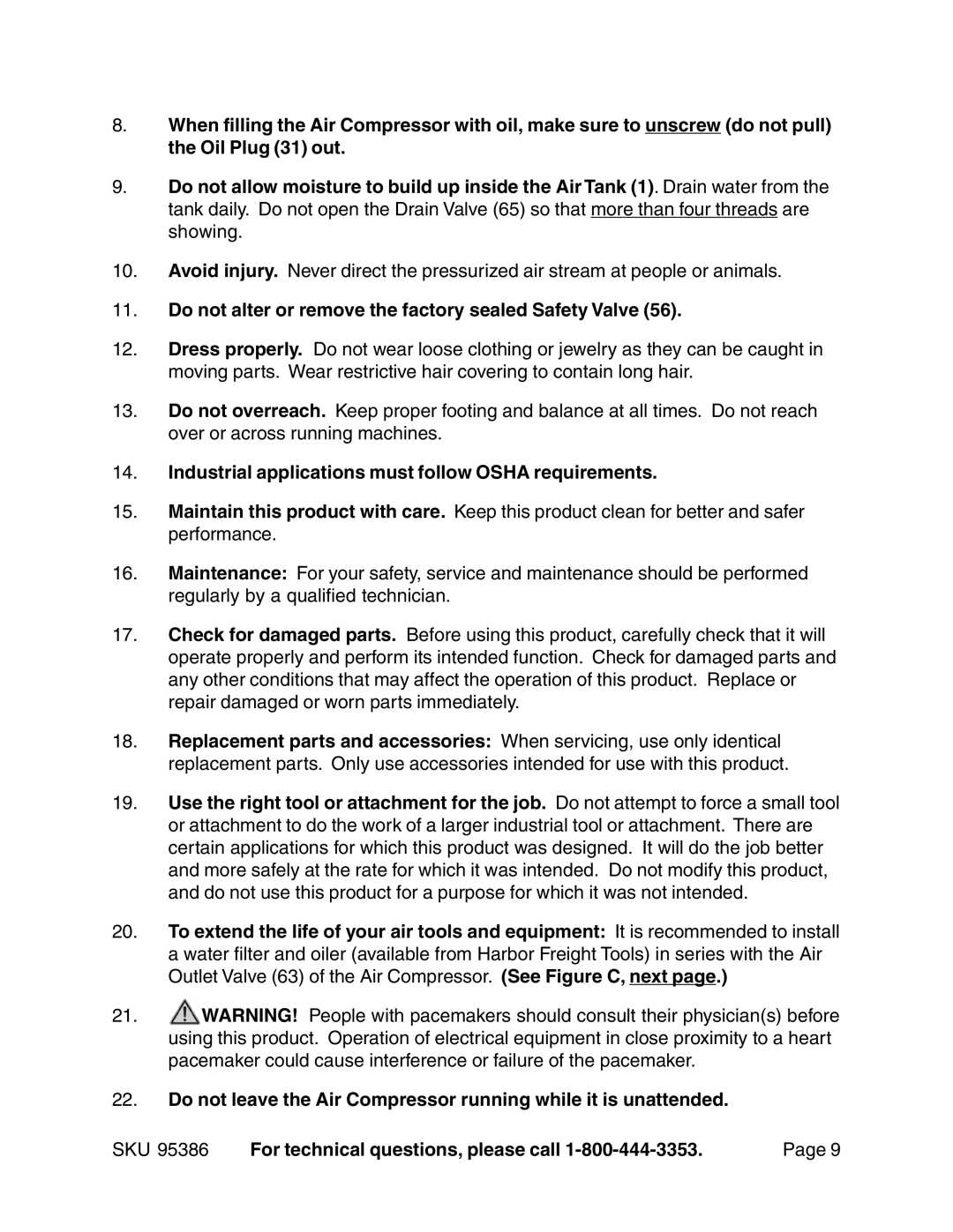 Harbor Freight Tools 95386 operating instructions Do not alter or remove the factory sealed Safety Valve 