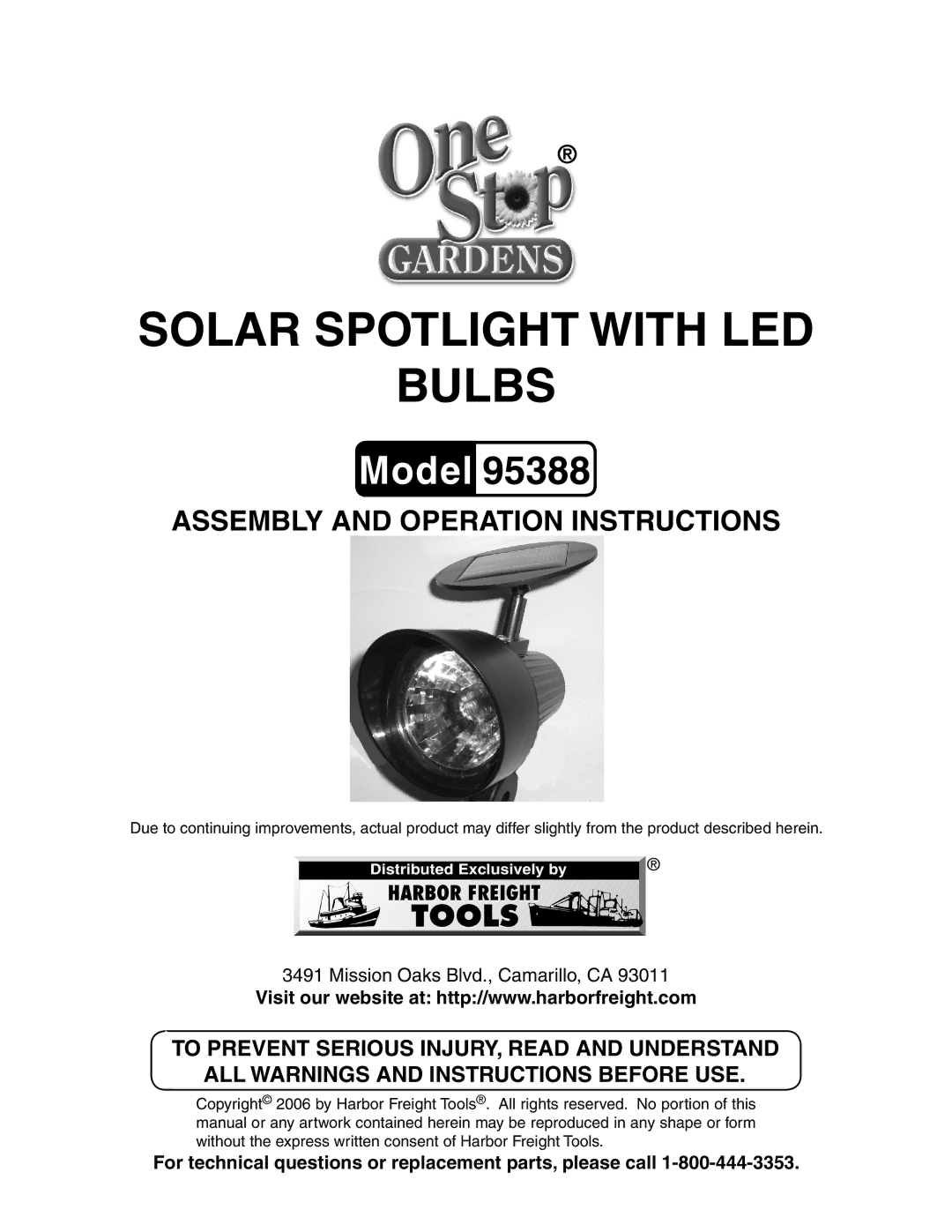 Harbor Freight Tools 95388 manual Solar spotlight with led Bulbs 