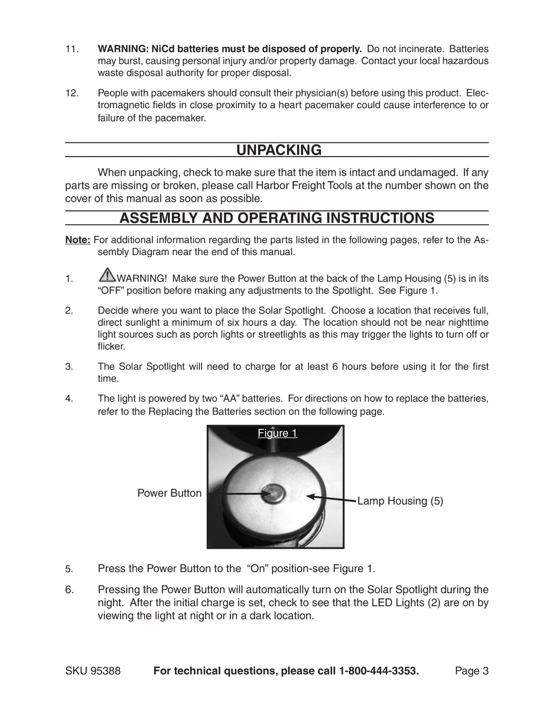 Harbor Freight Tools 95388 manual Unpacking, Assembly and operating Instructions 