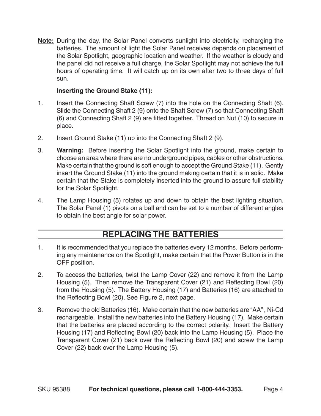 Harbor Freight Tools 95388 manual Replacing the Batteries, Inserting the Ground Stake 