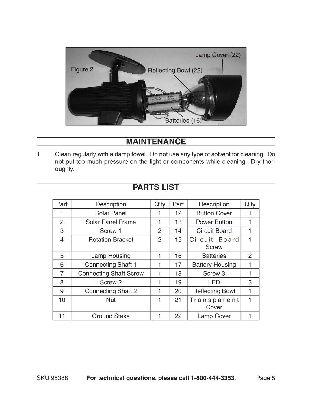 Harbor Freight Tools 95388 manual Maintenance, Parts list 