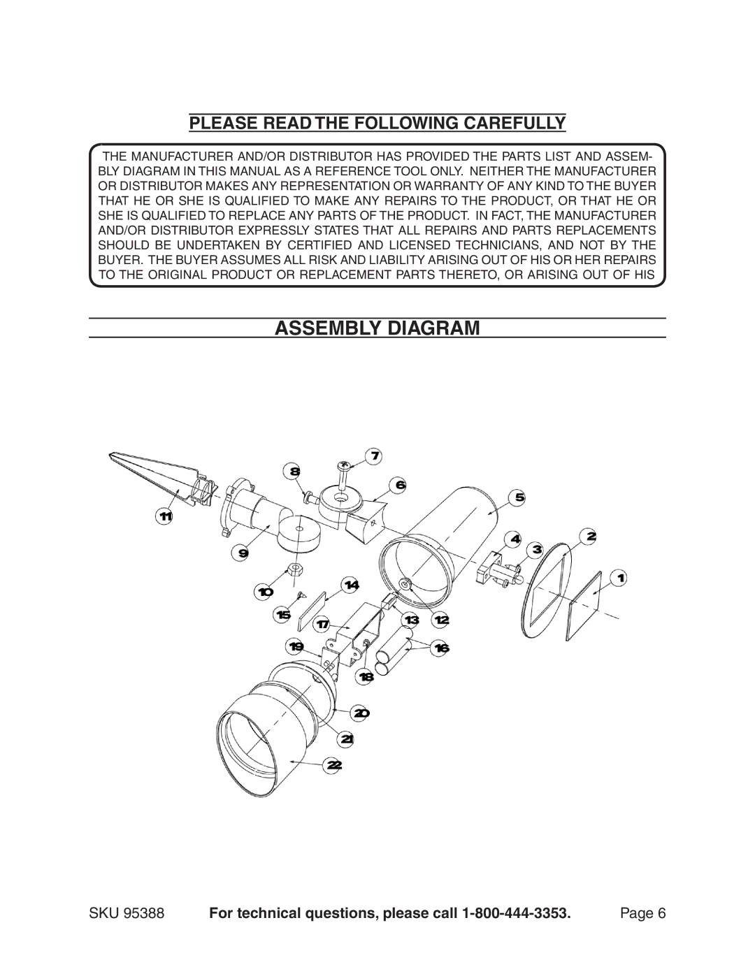 Harbor Freight Tools 95388 manual Assembly Diagram, Please Read the Following Carefully 