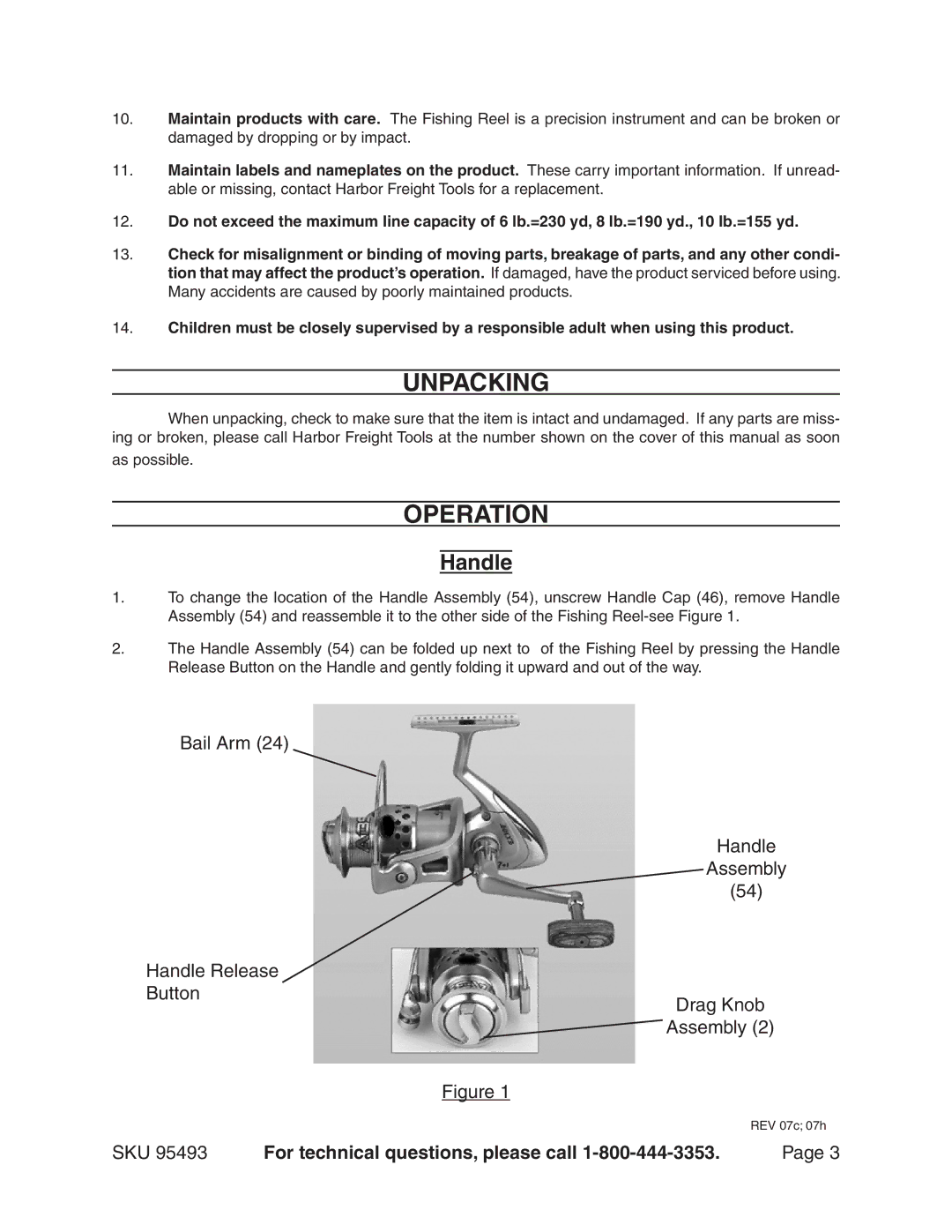 Harbor Freight Tools 95493 manual Unpacking, Operation, Handle 