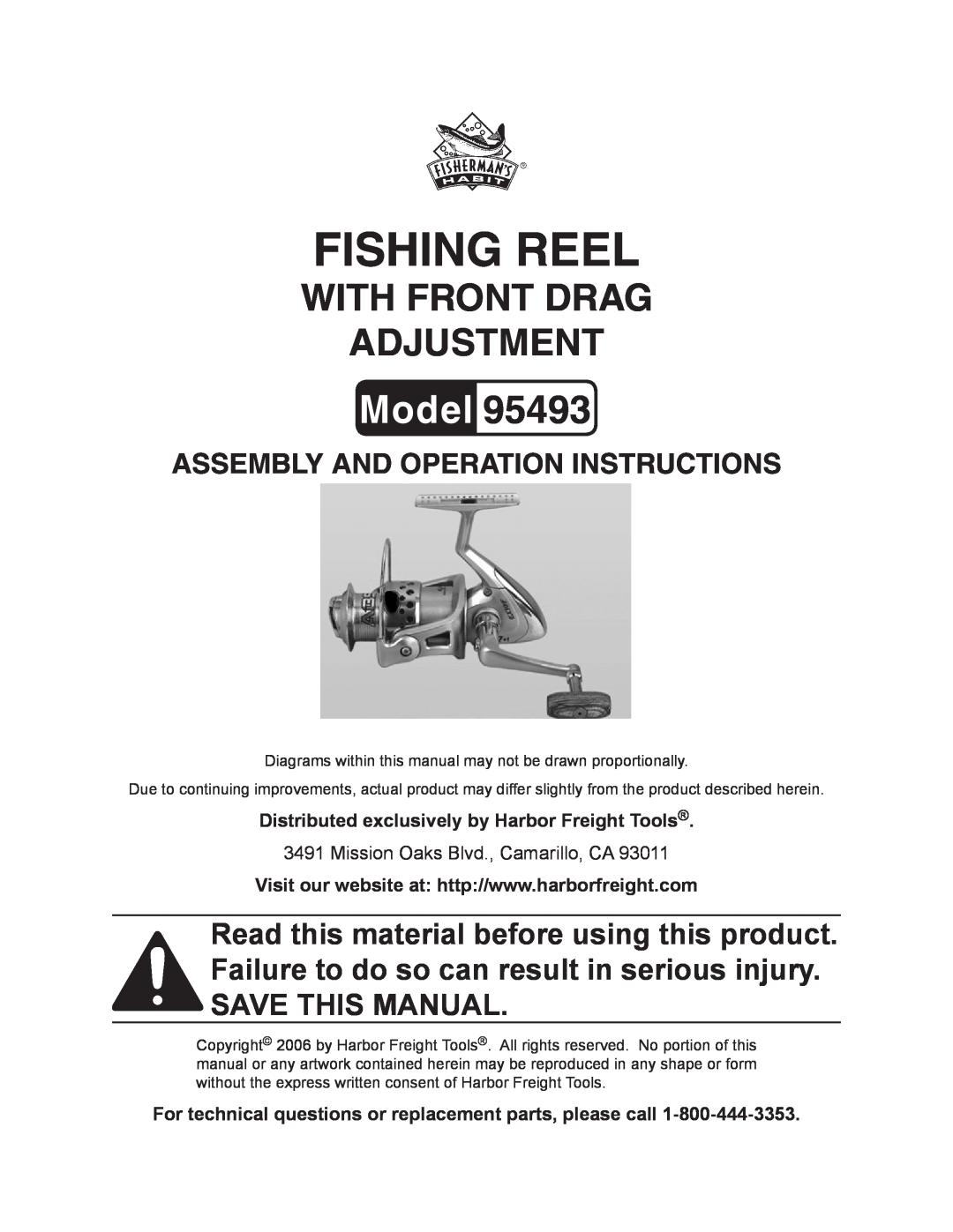 Harbor Freight Tools 95493 manual Fishing reel, Model, with front drag adjustment, Assembly And Operation Instructions 
