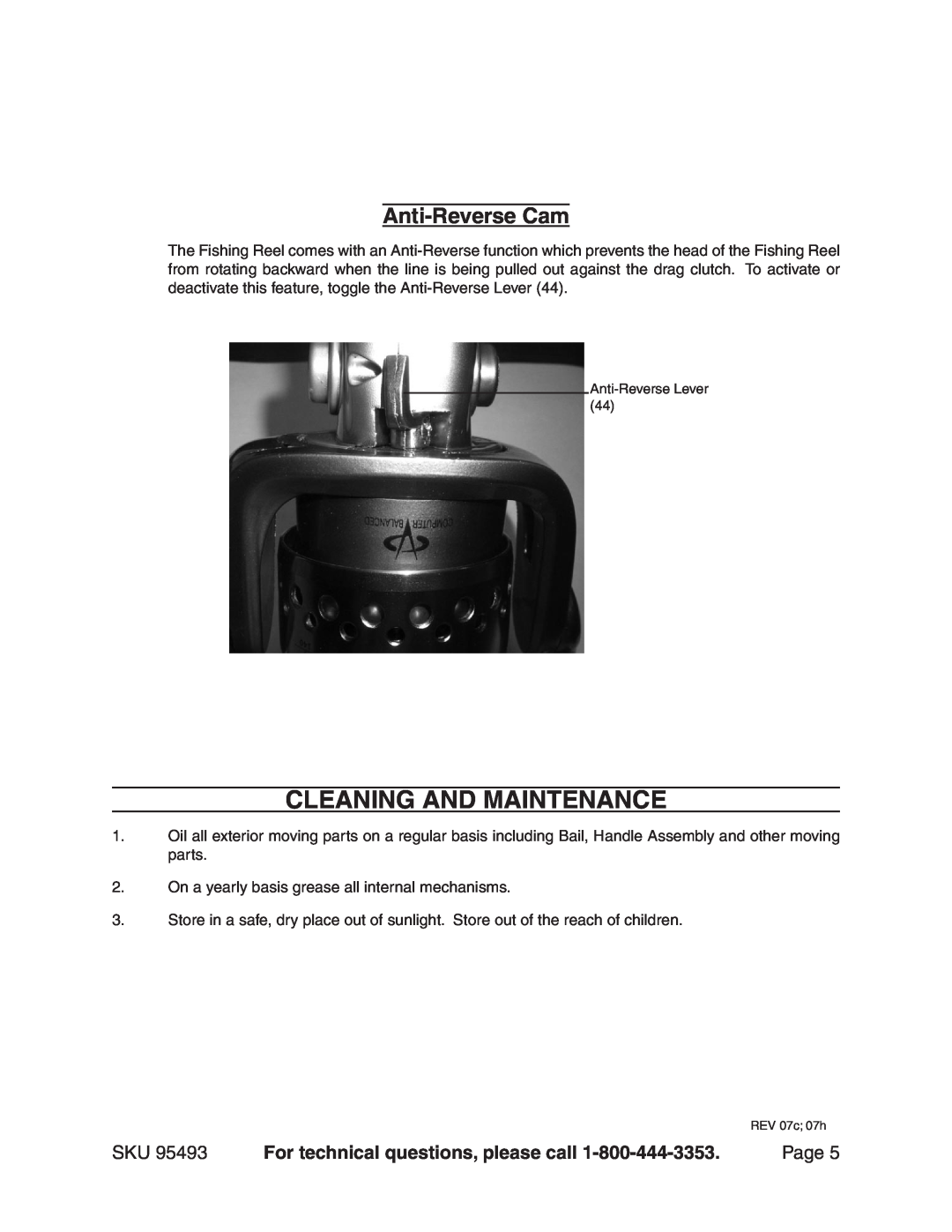 Harbor Freight Tools 95493 manual Cleaning and maintenance, Anti-Reverse Cam, For technical questions, please call, Page 