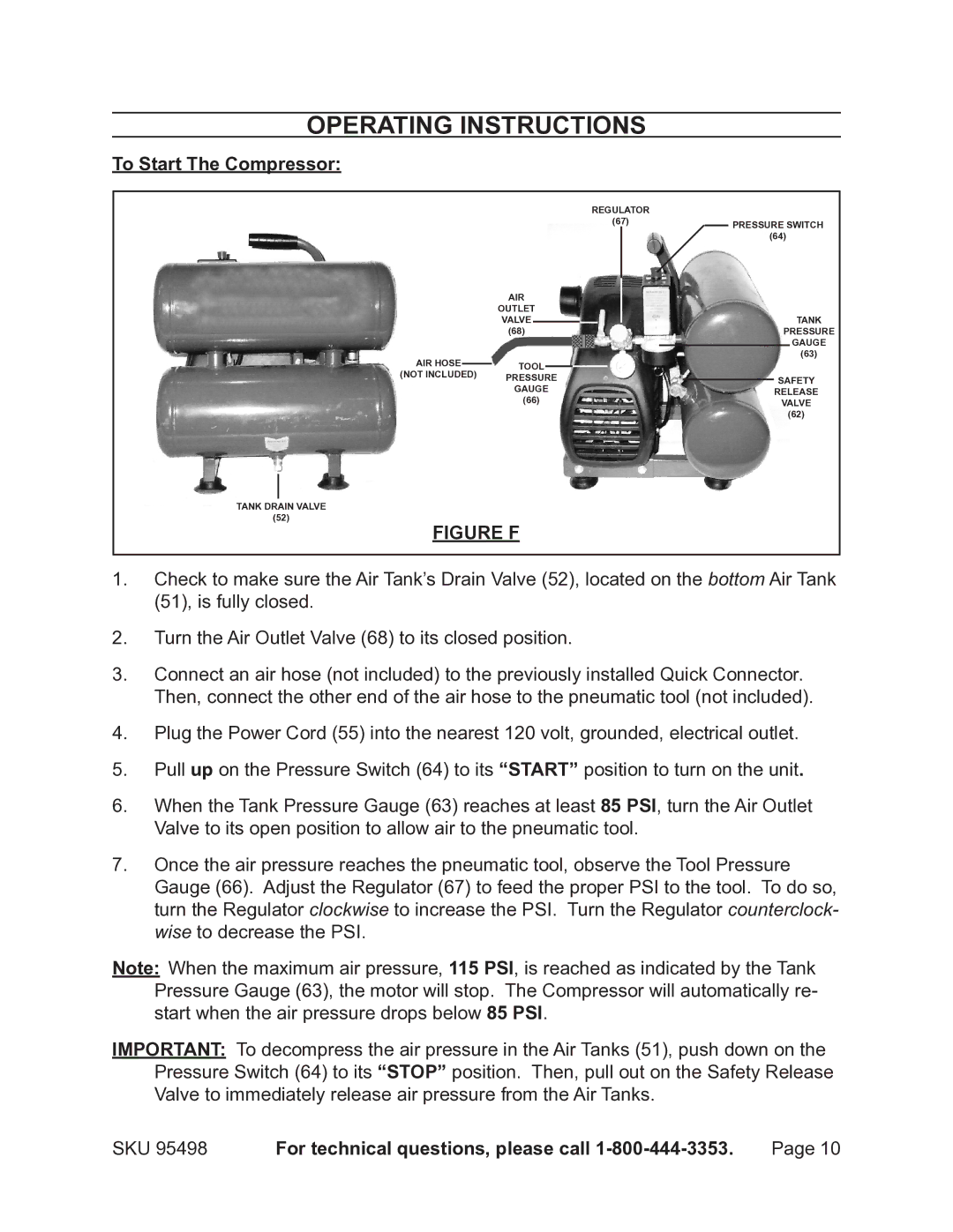 Harbor Freight Tools 95498 operating instructions Operating Instructions, To Start The Compressor 