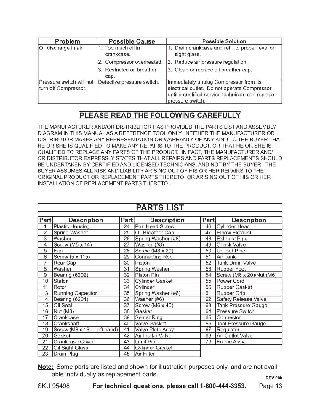 Harbor Freight Tools 95498 operating instructions Parts List, Please Read the Following Carefully, Part Description 