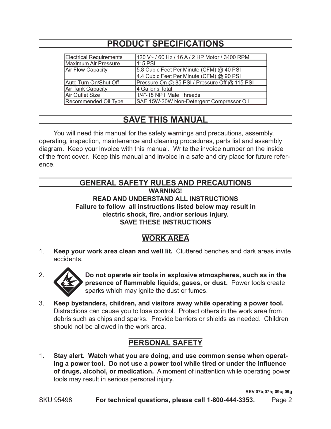 Harbor Freight Tools 95498 Product Specifications, Save this Manual, General Safety Rules and Precautions, Work Area 