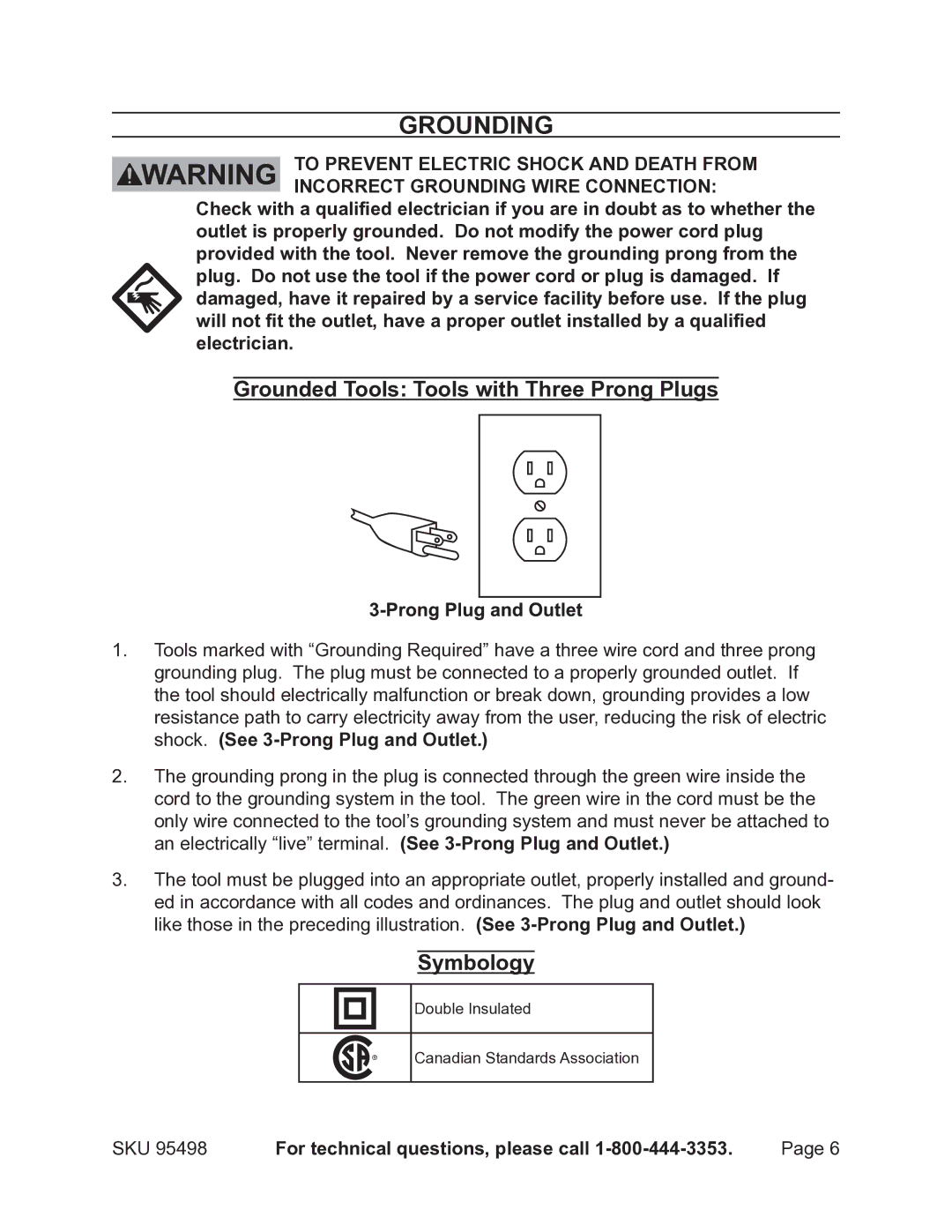 Harbor Freight Tools 95498 operating instructions Grounding 