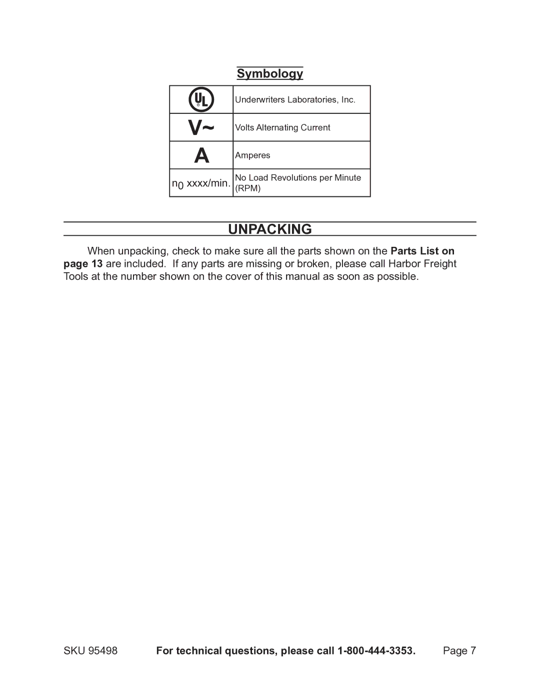 Harbor Freight Tools 95498 operating instructions Unpacking, Symbology 