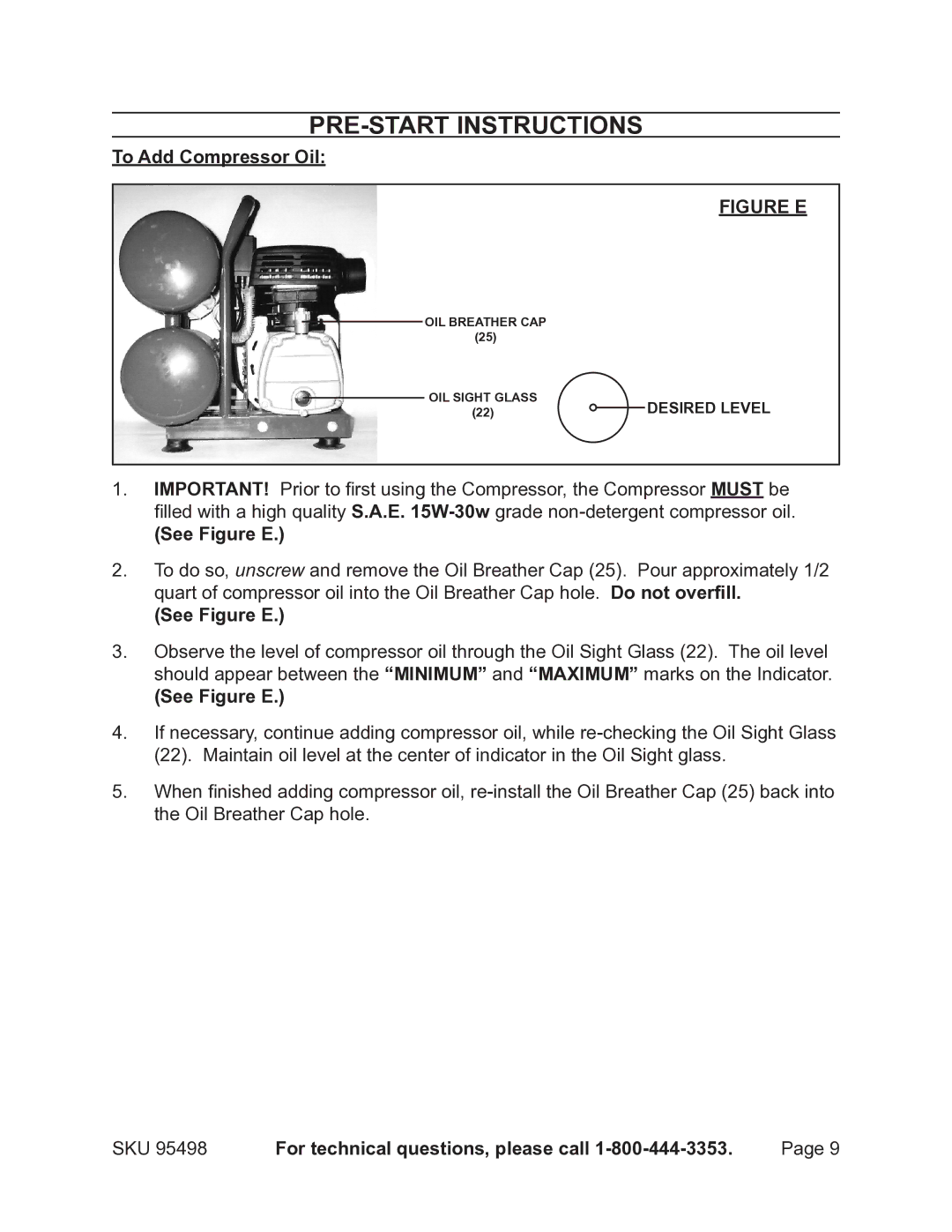 Harbor Freight Tools 95498 operating instructions PRE-START Instructions, To Add Compressor Oil, See Figure E 