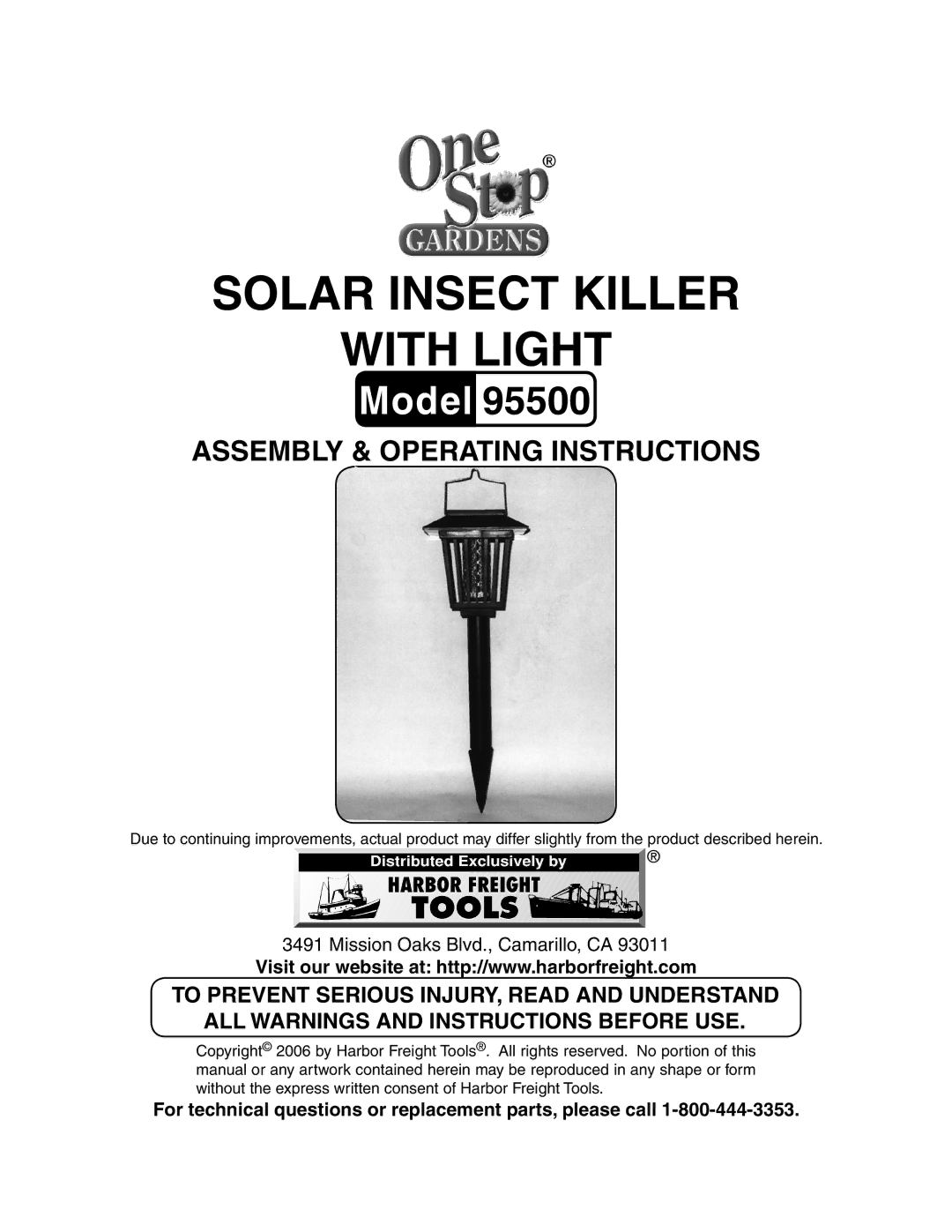 Harbor Freight Tools 95500 operating instructions Solar Insect killer With light 