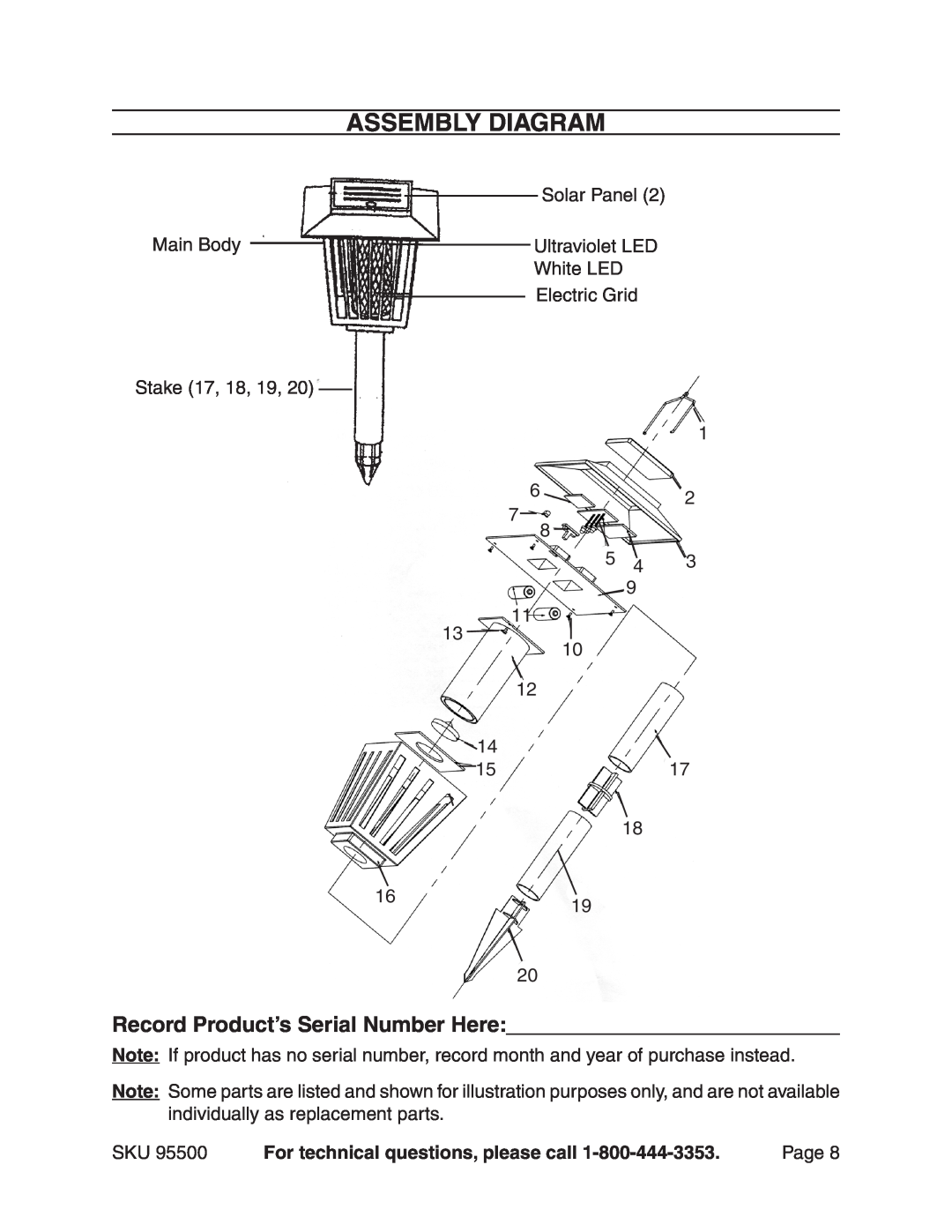 Harbor Freight Tools 95500 Assembly Diagram, Record Product’s Serial Number Here, For technical questions, please call 