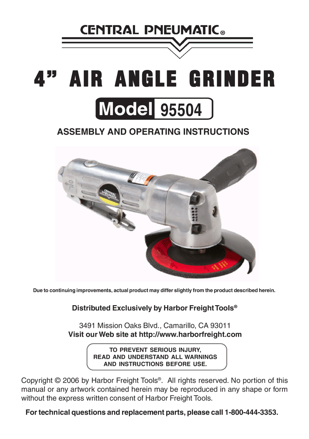 Harbor Freight Tools 95504 operating instructions AIR Angle Grinder 