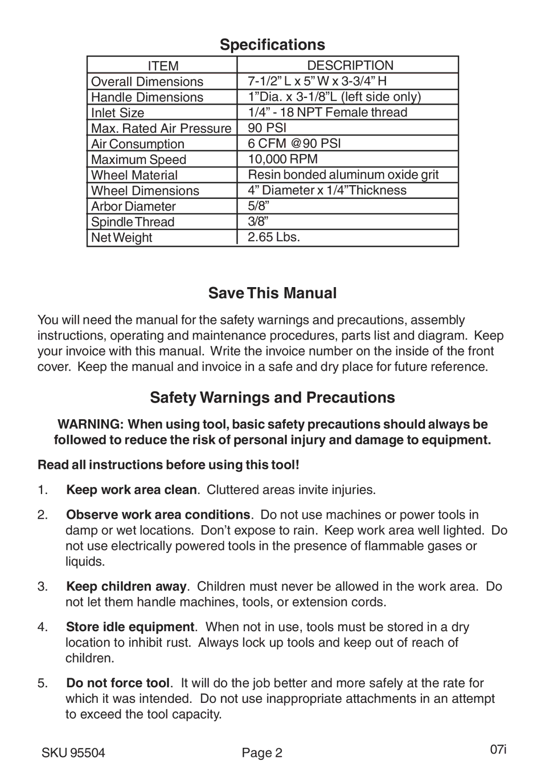 Harbor Freight Tools 95504 operating instructions Specifications, Save This Manual, Safety Warnings and Precautions 