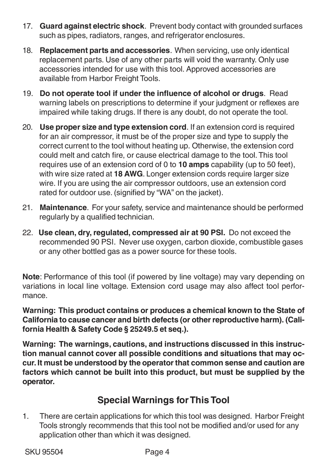 Harbor Freight Tools 95504 operating instructions Special Warnings for This Tool 