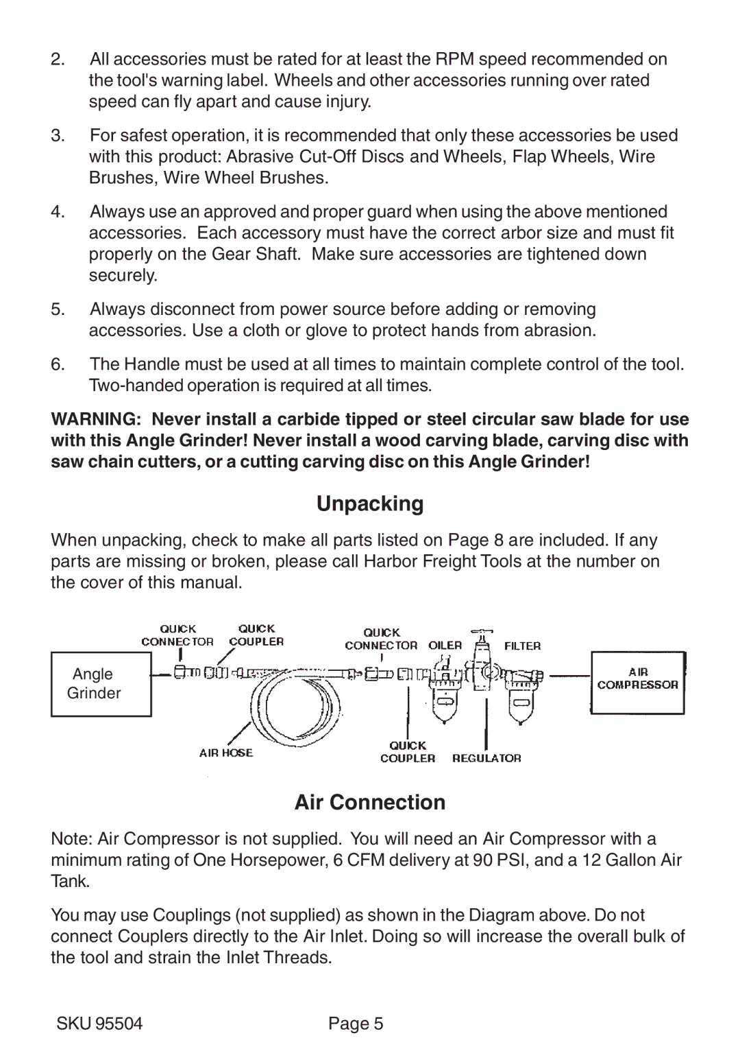 Harbor Freight Tools 95504 operating instructions Unpacking, Air Connection 