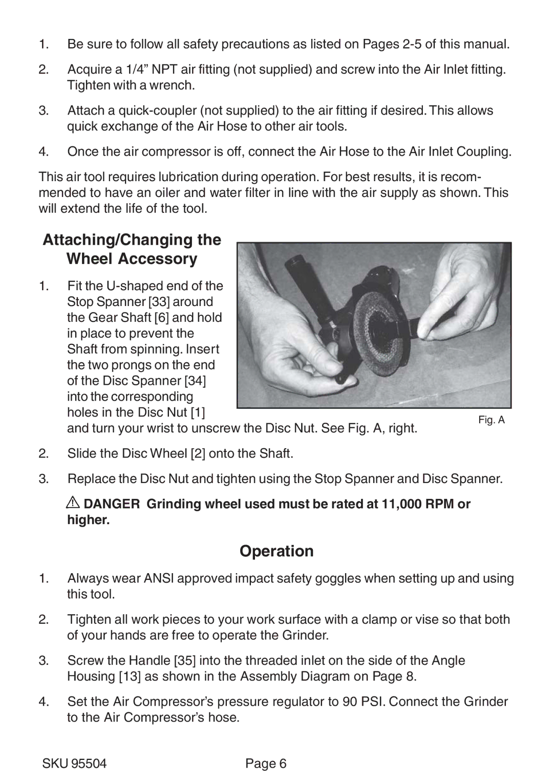 Harbor Freight Tools 95504 operating instructions Attaching/Changing Wheel Accessory, Operation 