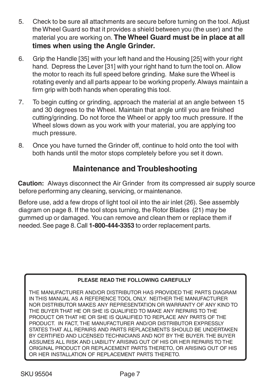 Harbor Freight Tools 95504 operating instructions Maintenance and Troubleshooting, Please Read the Following Carefully 