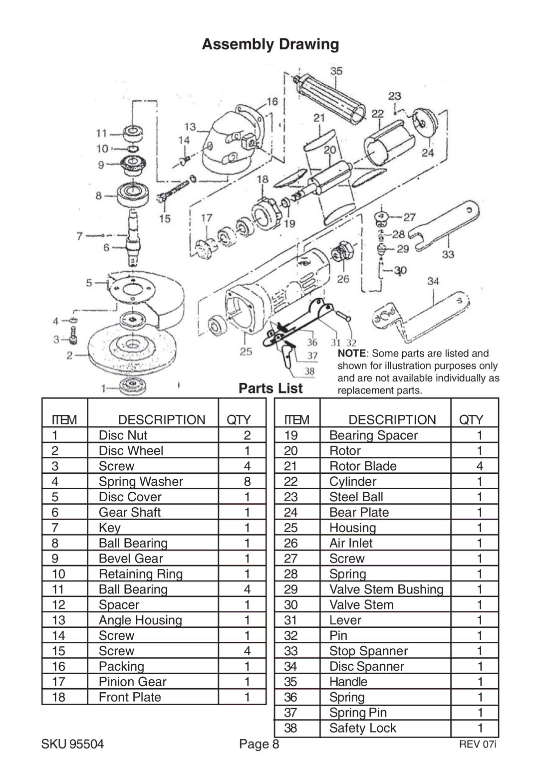 Harbor Freight Tools 95504 operating instructions Assembly Drawing, Parts List 