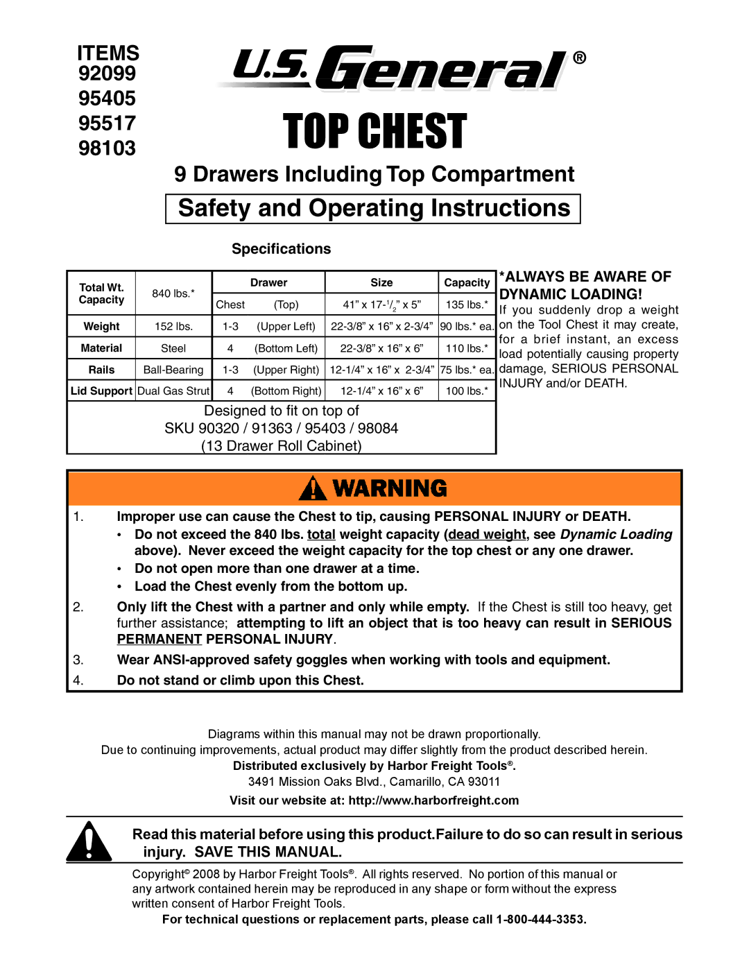 Harbor Freight Tools 95405, 95517, 98103, 92099 specifications Top Chest, Safety and Operating Instructions, Specifications 