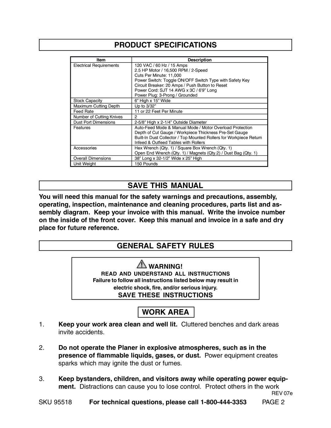 Harbor Freight Tools 95518 operating instructions Product Specifications, Save this Manual, General Safety Rules, Work Area 