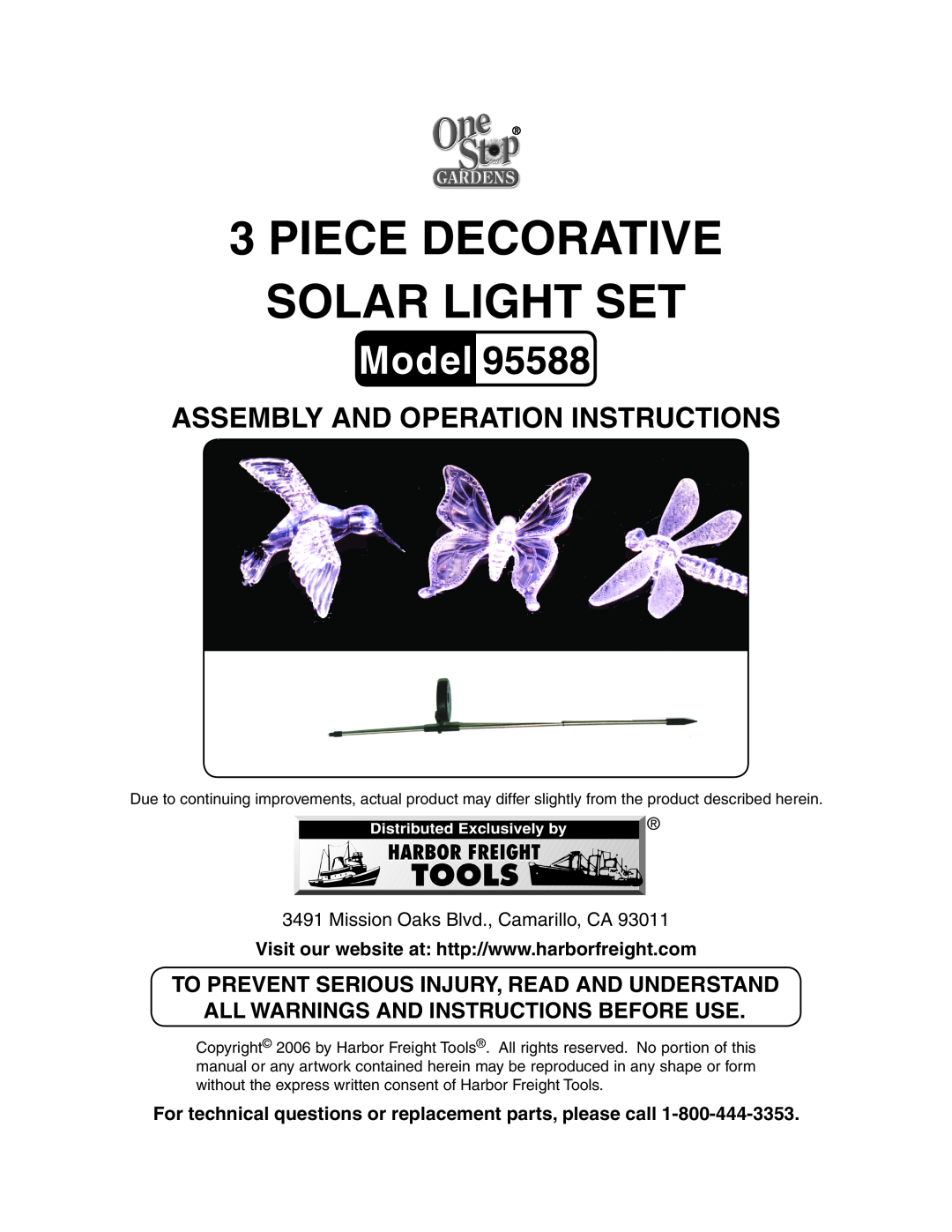Harbor Freight Tools 3 Piece decorative solar light set manual To prevent serious injury, read and understand, Model 