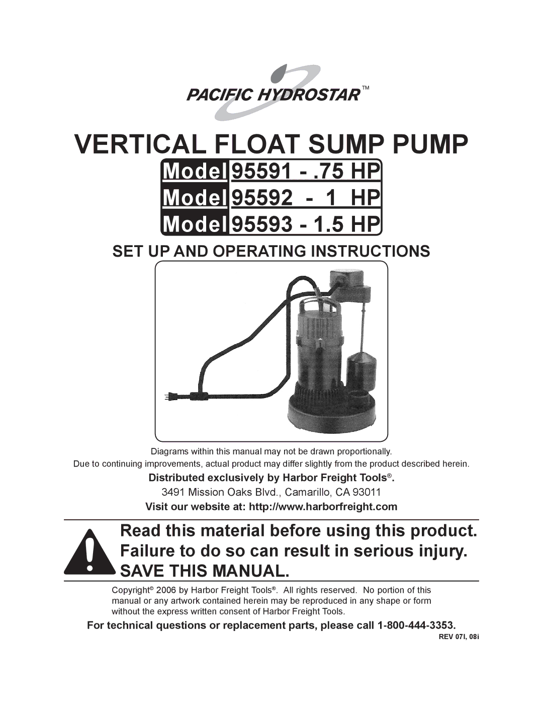 Harbor Freight Tools 95591, 95593, 95592 operating instructions Distributed exclusively by Harbor Freight Tools 