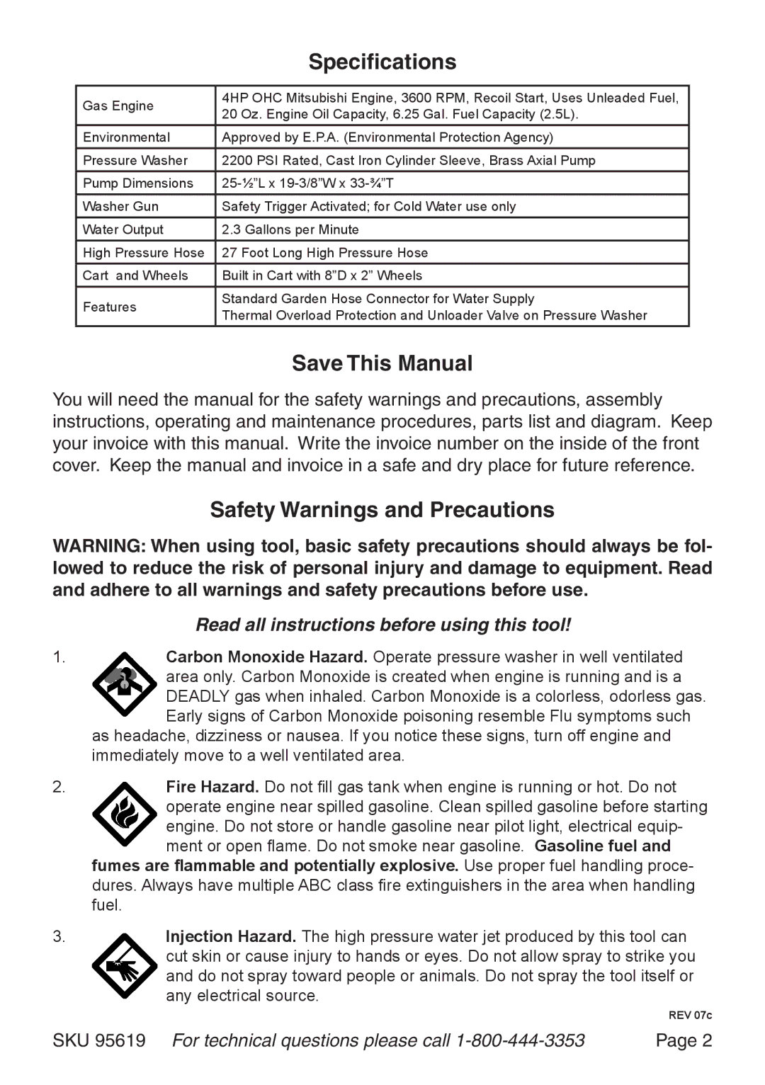 Harbor Freight Tools 95619 manual Specifications, Save This Manual, Safety Warnings and Precautions 