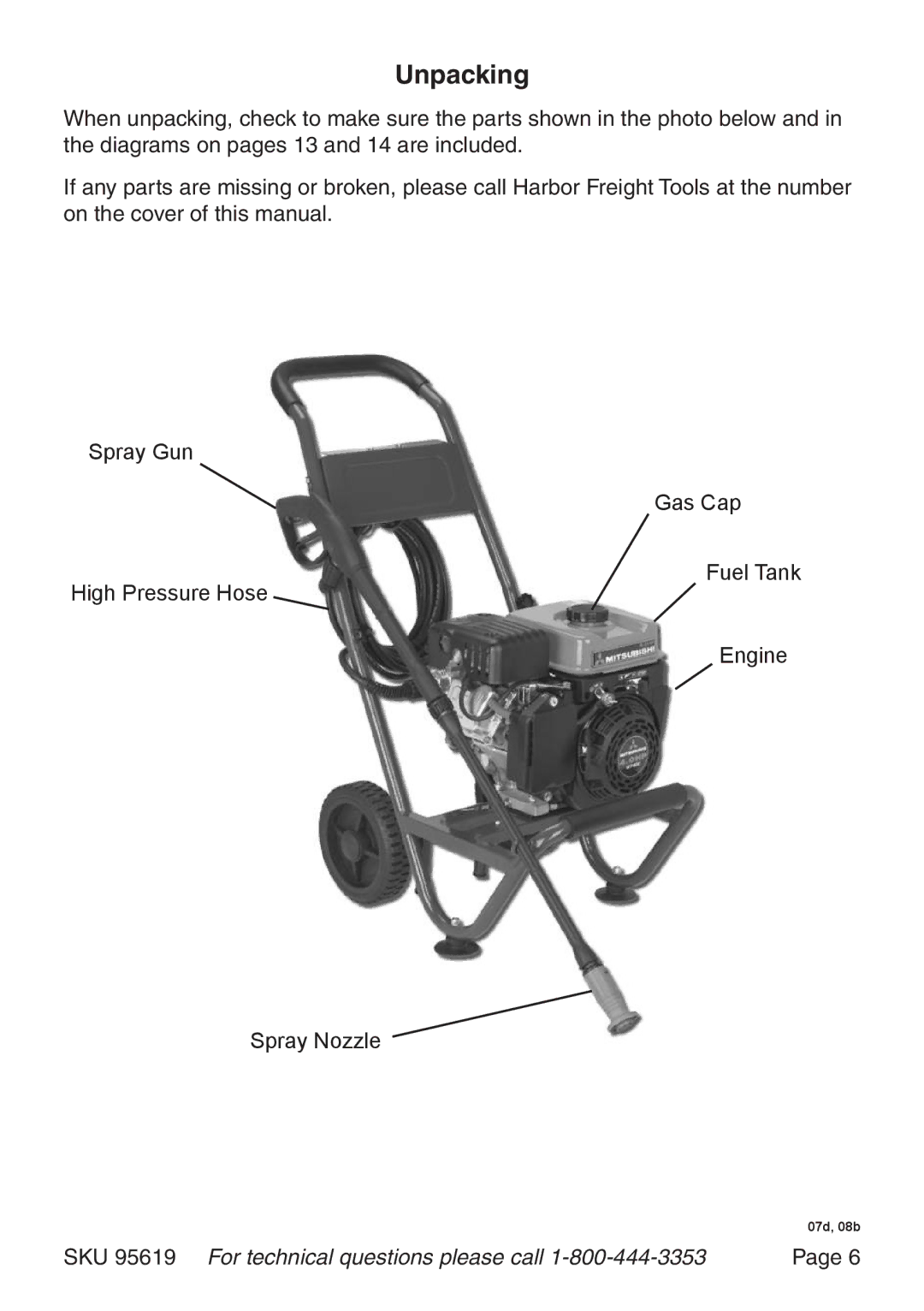 Harbor Freight Tools 95619 manual Unpacking 