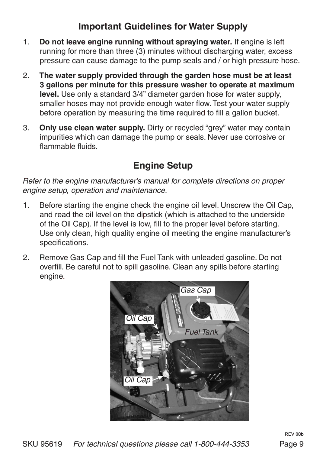 Harbor Freight Tools 95619 manual Important Guidelines for Water Supply, Engine Setup 