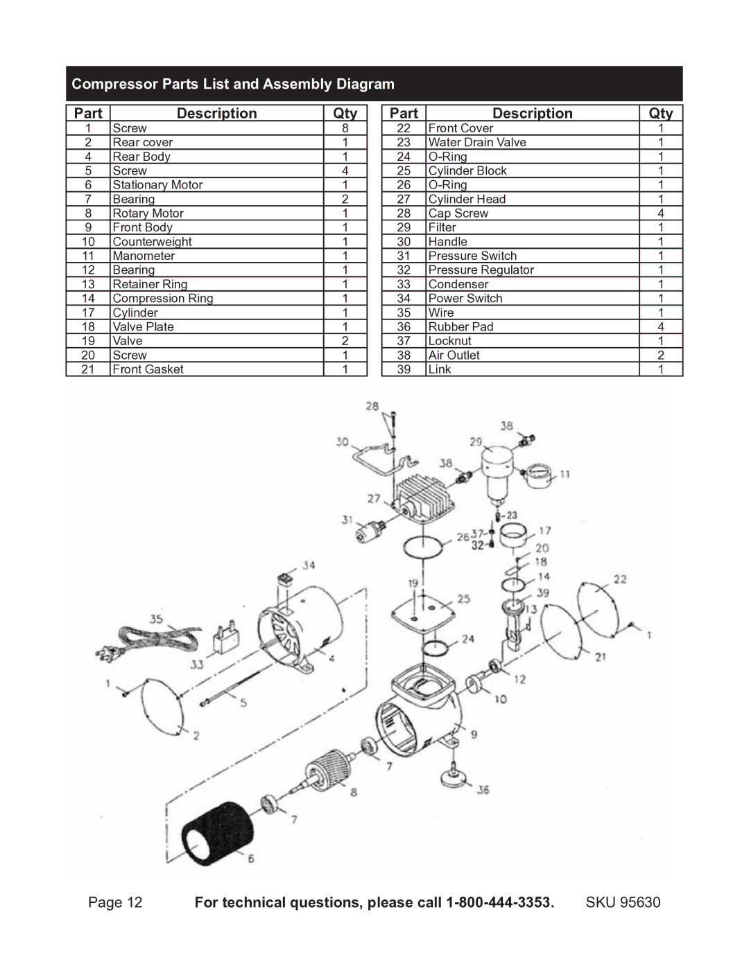 Harbor Freight Tools 95630 operating instructions Compressor Parts List and Assembly Diagram, Qty Part Description 