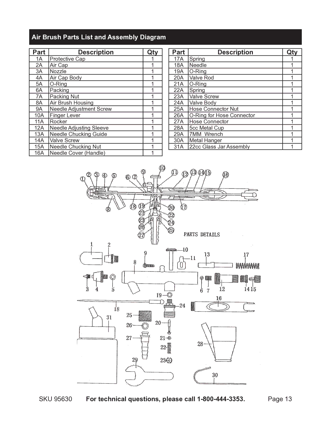 Harbor Freight Tools 95630 operating instructions Air Brush Parts List and Assembly Diagram, Part Description Qty 