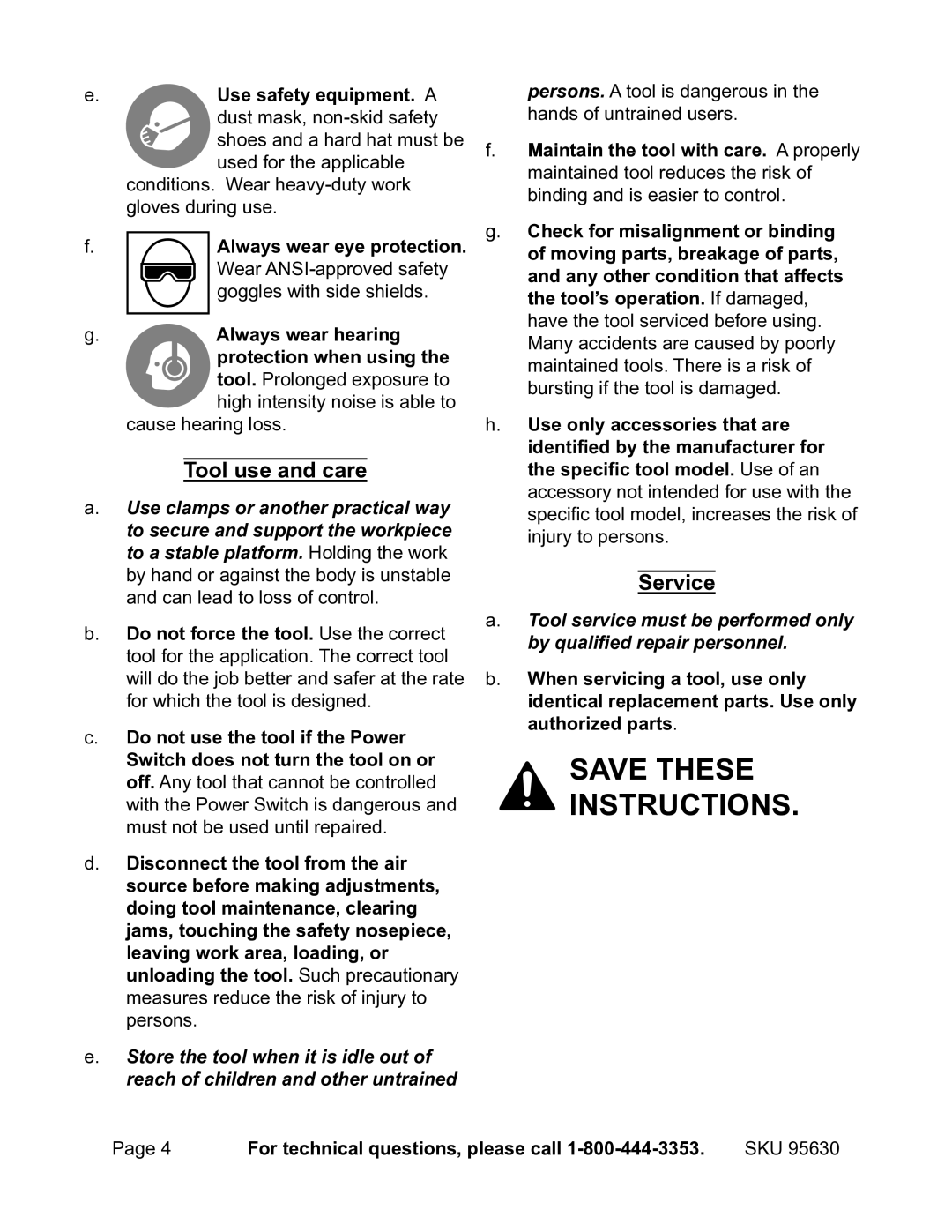 Harbor Freight Tools 95630 operating instructions Tool use and care, Service 